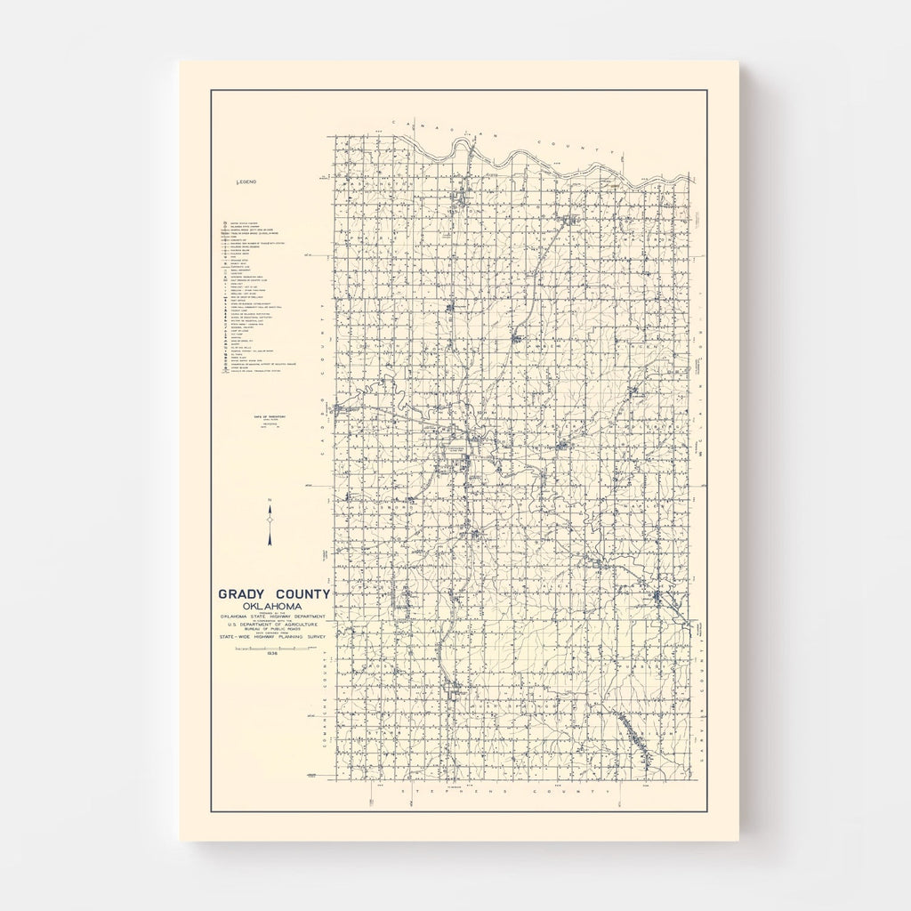 Vintage Map of Grady County, Oklahoma 1936