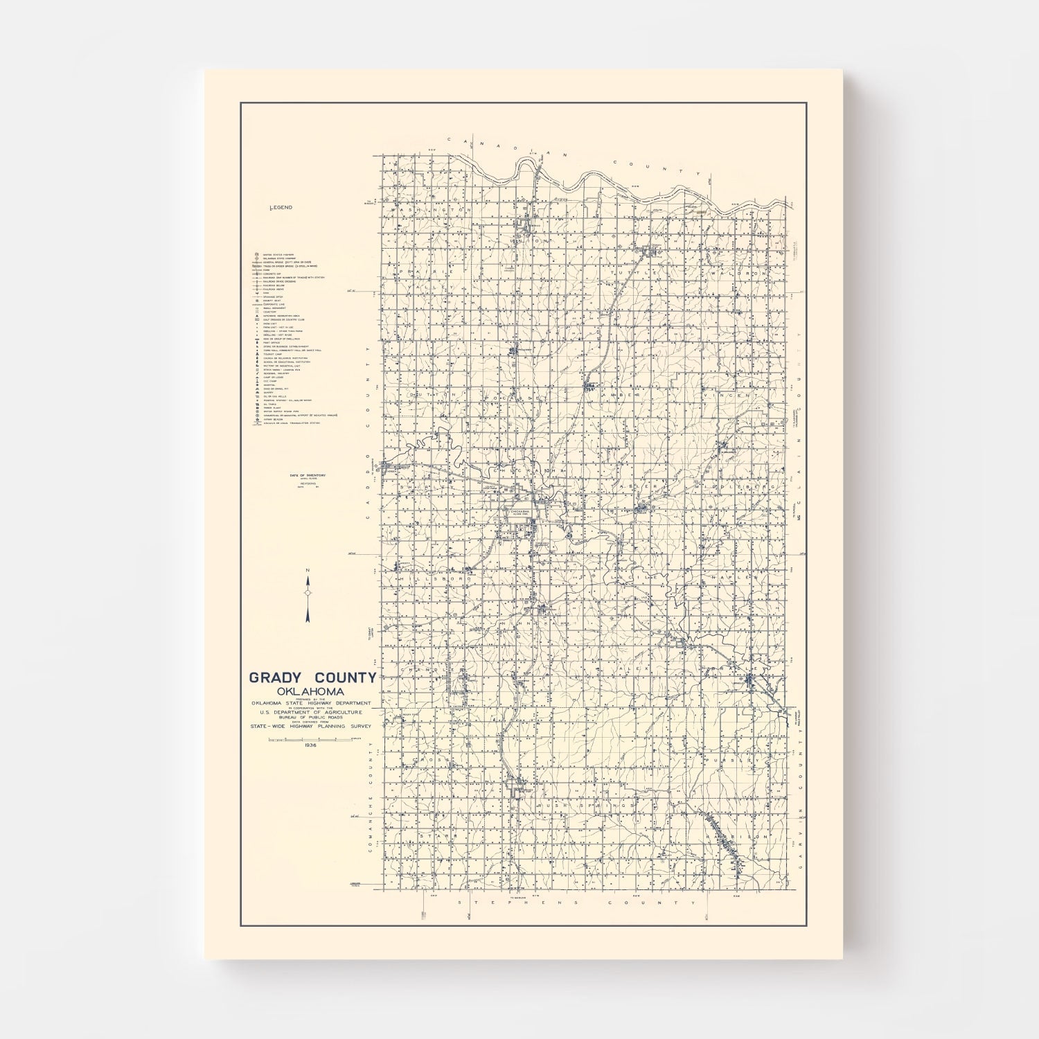 Vintage Map of Grady County, Oklahoma 1936