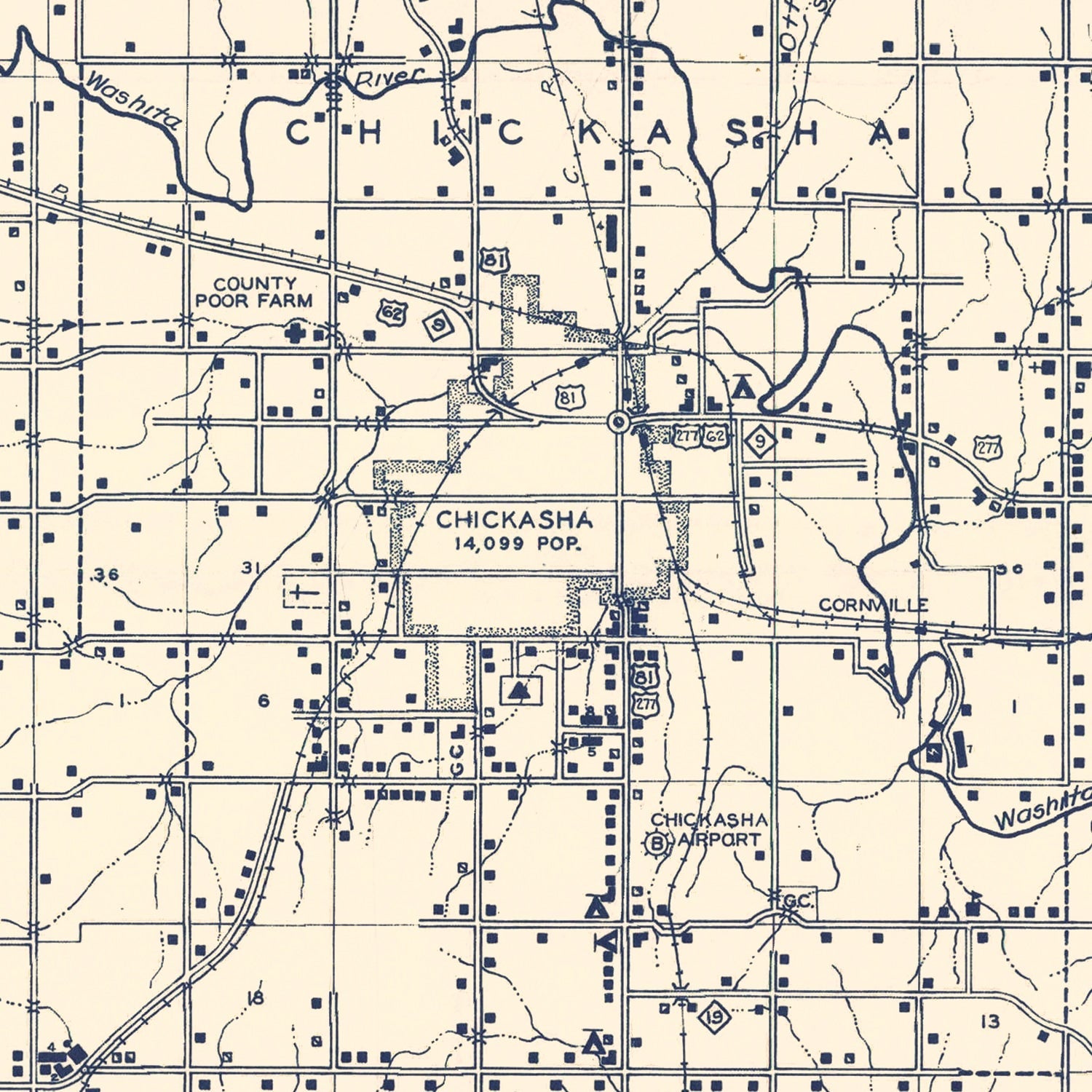 Vintage Map of Grady County, Oklahoma 1936