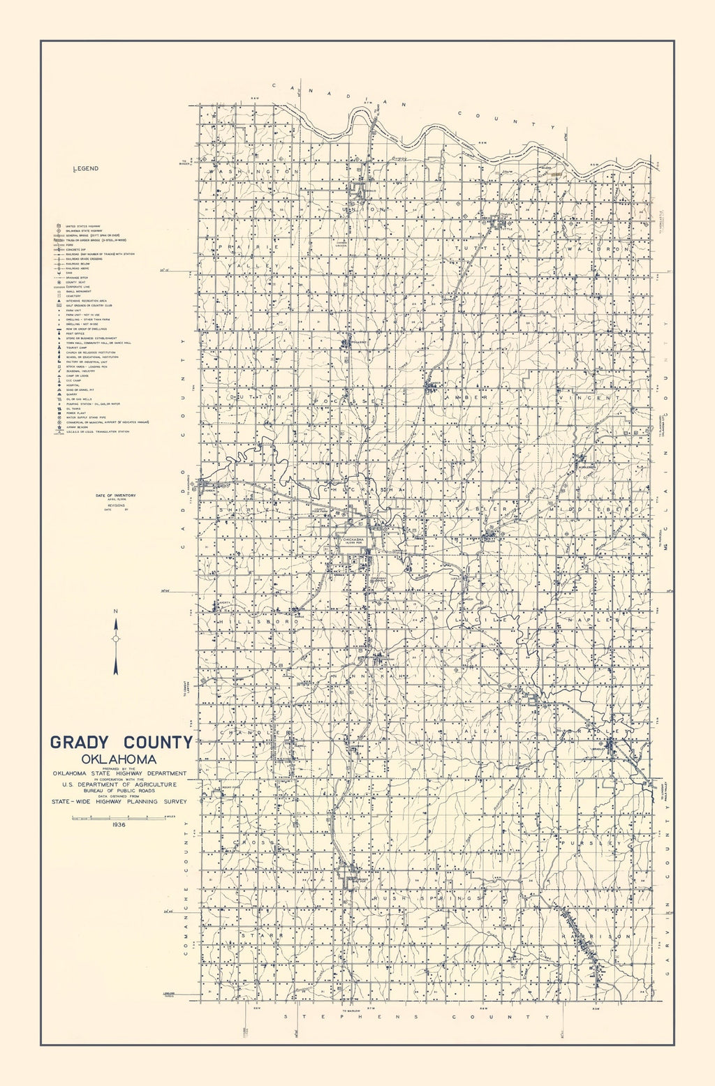Vintage Map of Grady County, Oklahoma 1936
