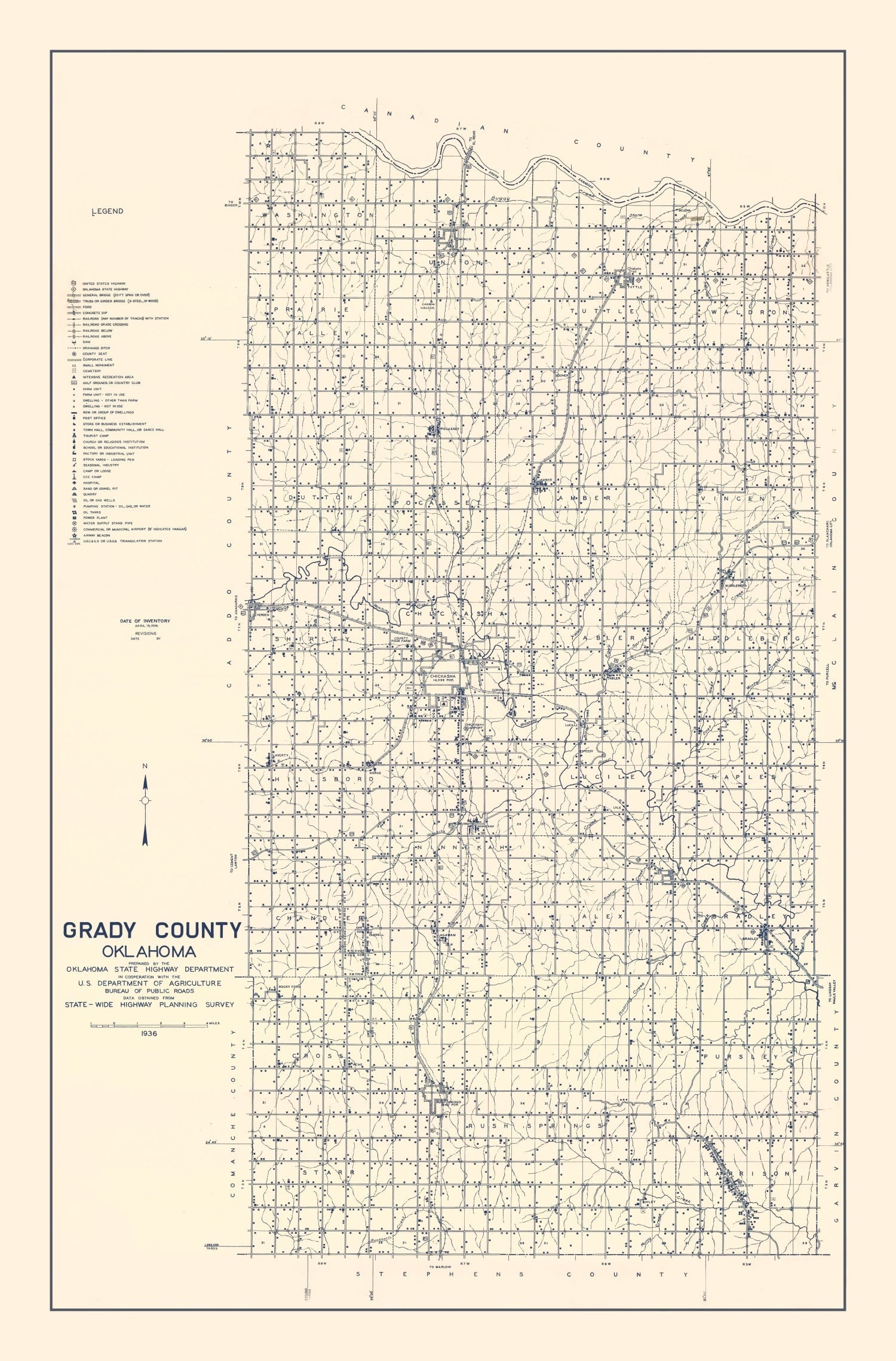Vintage Map of Grady County, Oklahoma 1936