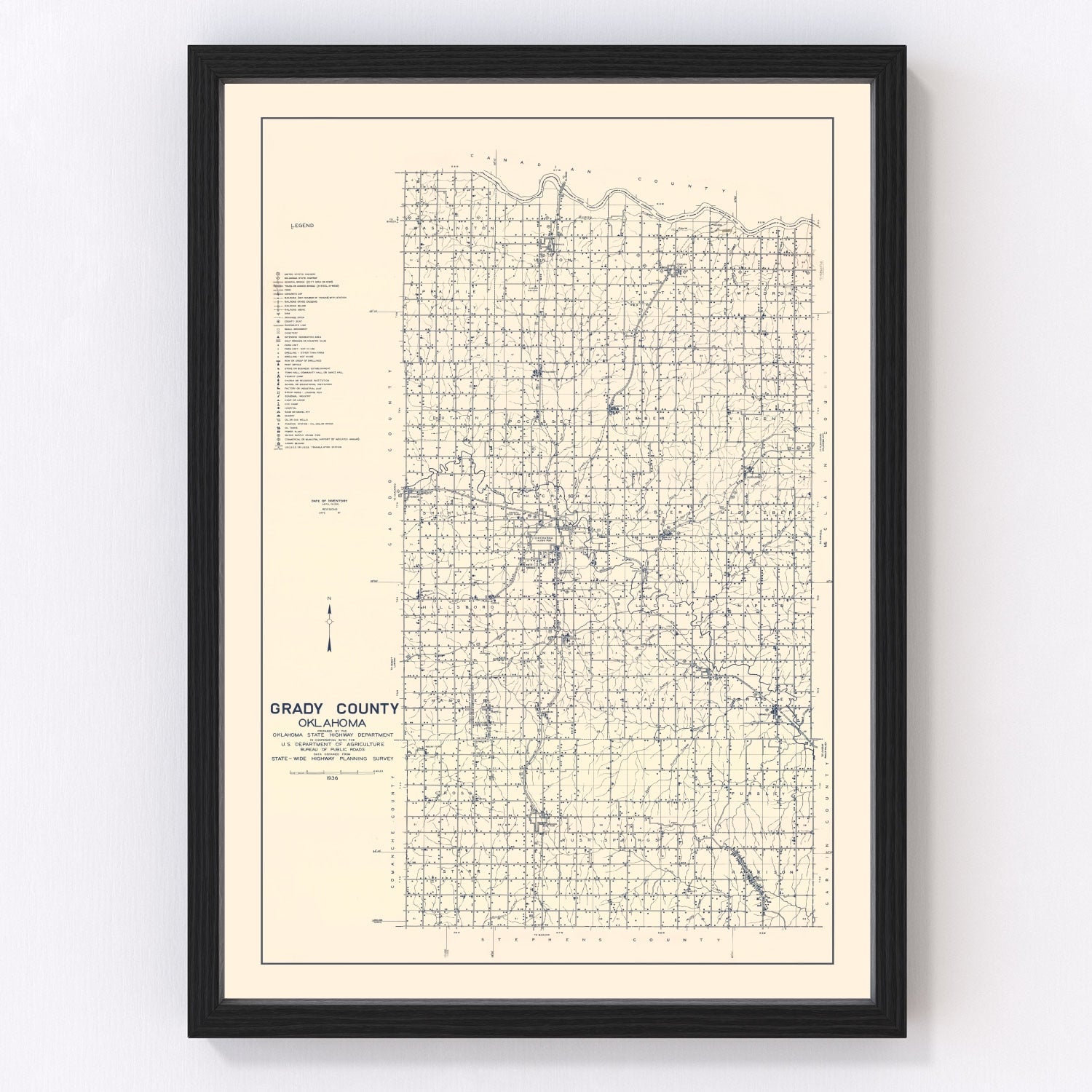 Vintage Map of Grady County, Oklahoma 1936