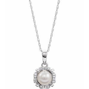 14K White Gold Cultured White Freshwater Pearl & .04 CTW Natural Diamond 18" Necklace