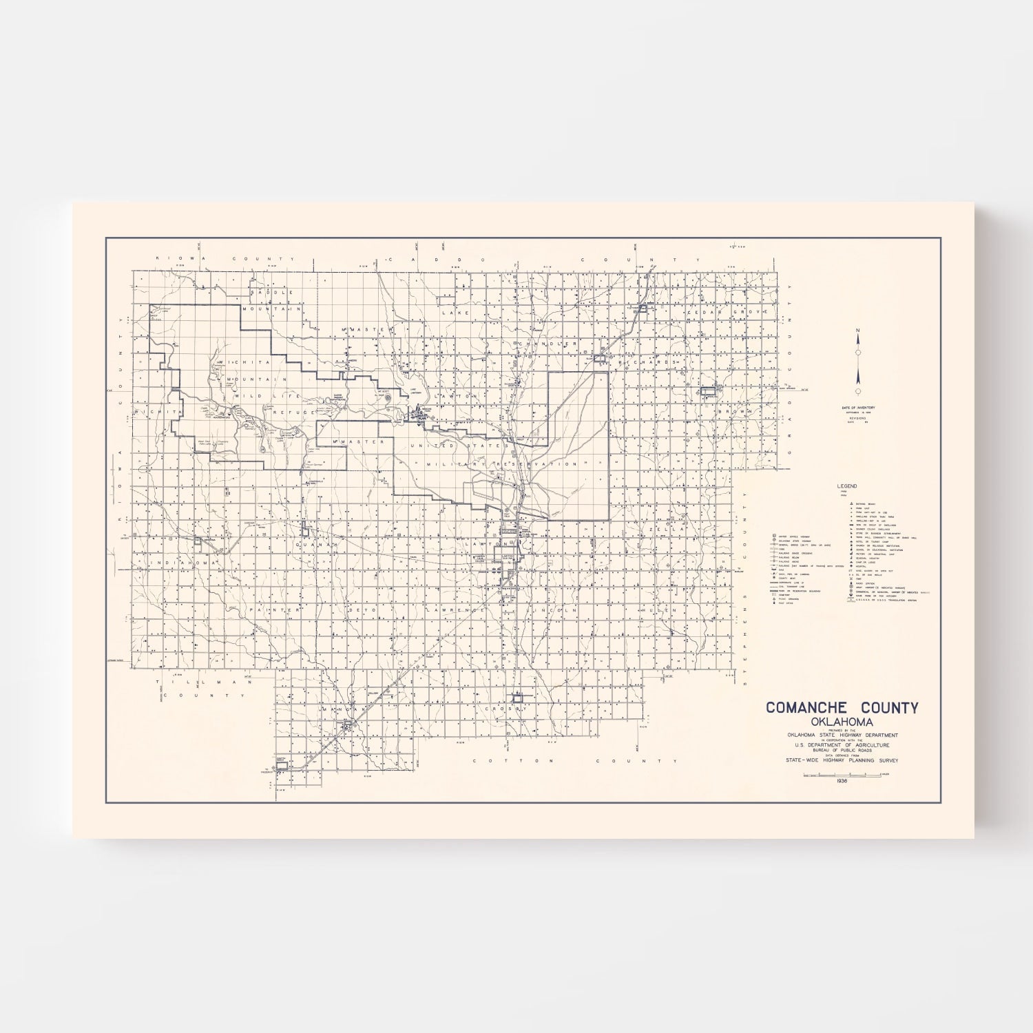 Vintage Map of Comanche County, Oklahoma 1936