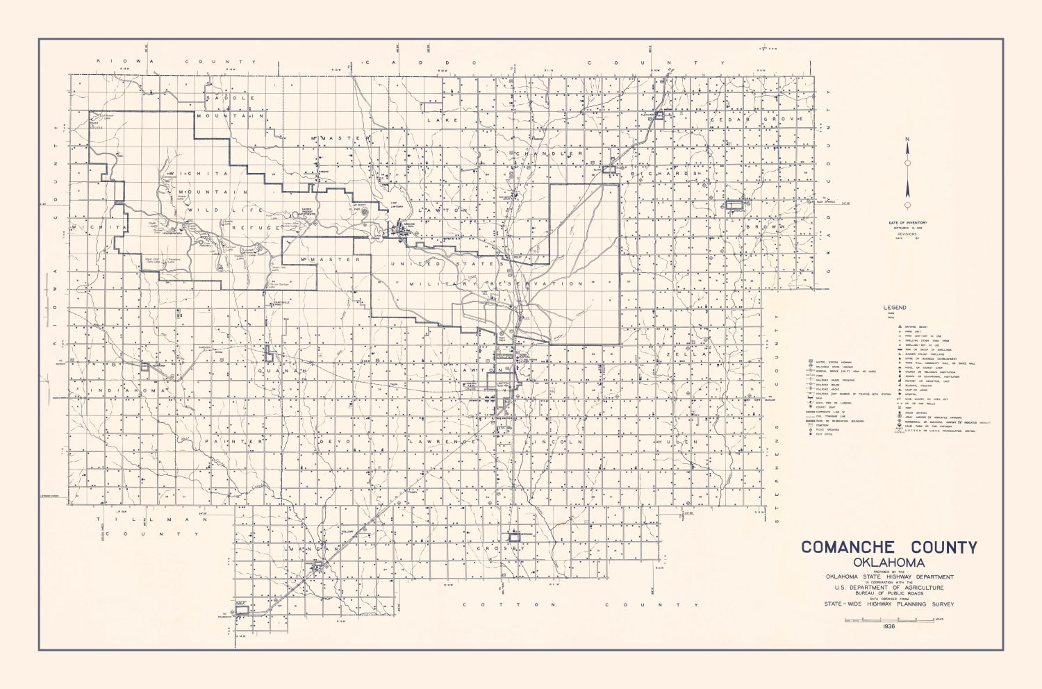 Vintage Map of Comanche County, Oklahoma 1936
