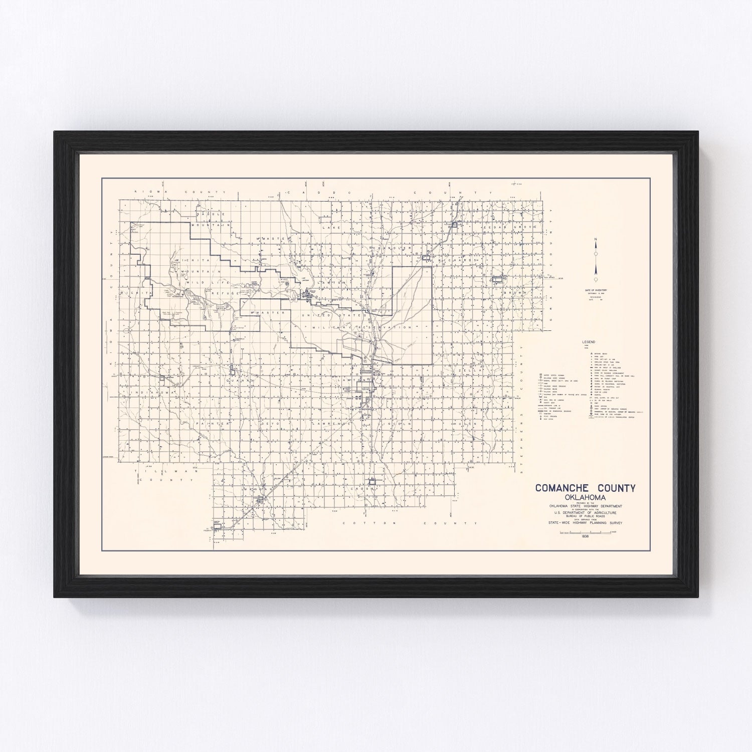 Vintage Map of Comanche County, Oklahoma 1936