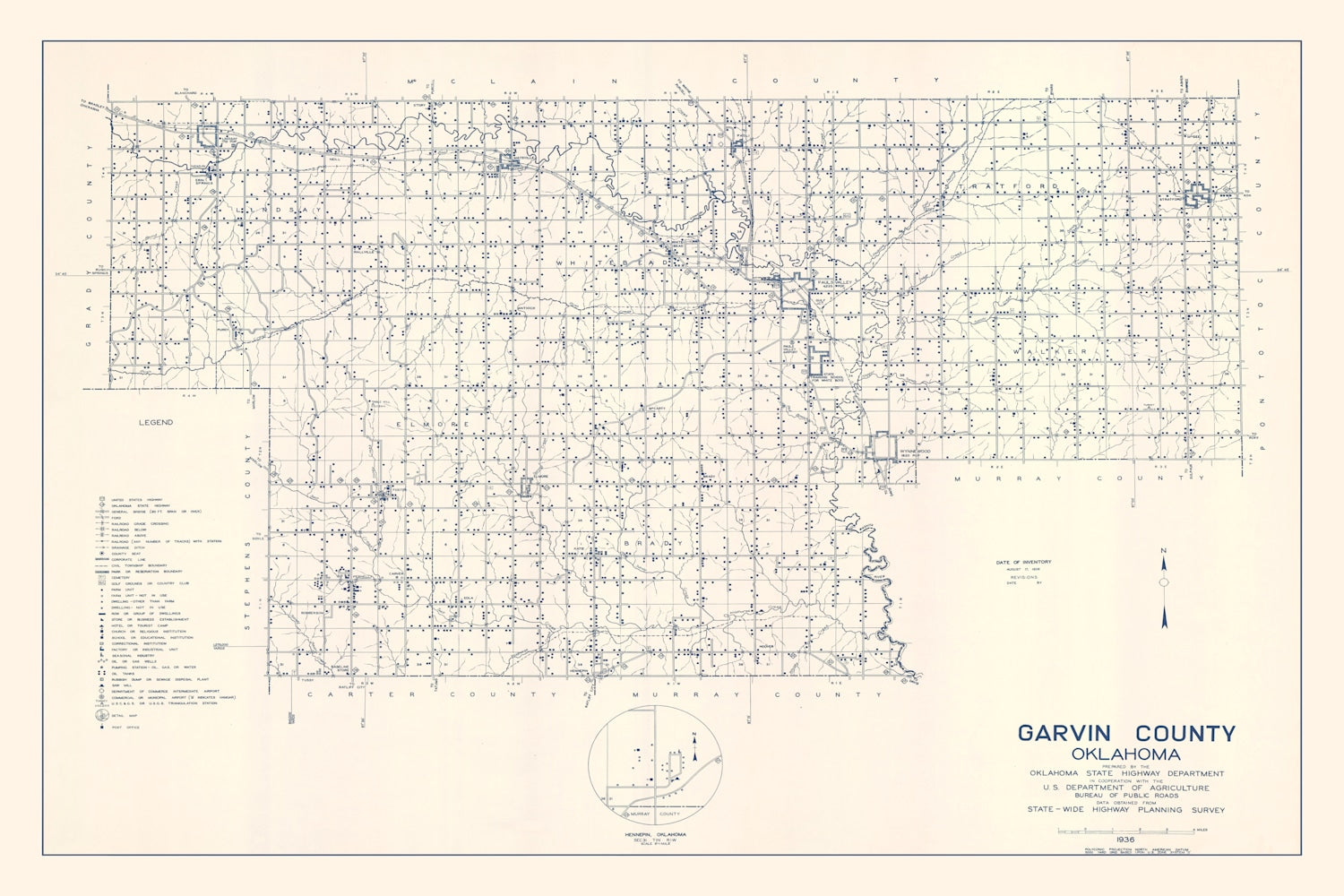 Vintage Map of Garvin County, Oklahoma 1936