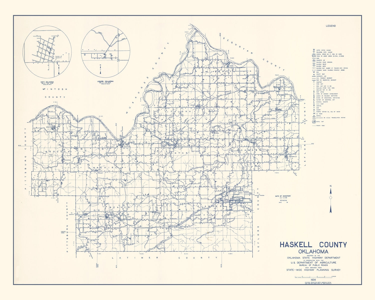 Vintage Map of Haskell County, Oklahoma 1936