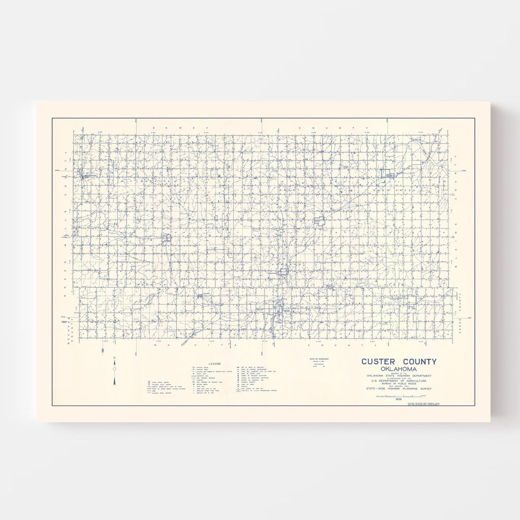 Vintage Map of Custer County, Oklahoma 1936