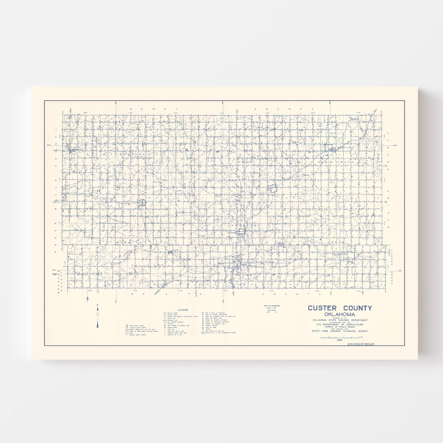 Vintage Map of Custer County, Oklahoma 1936