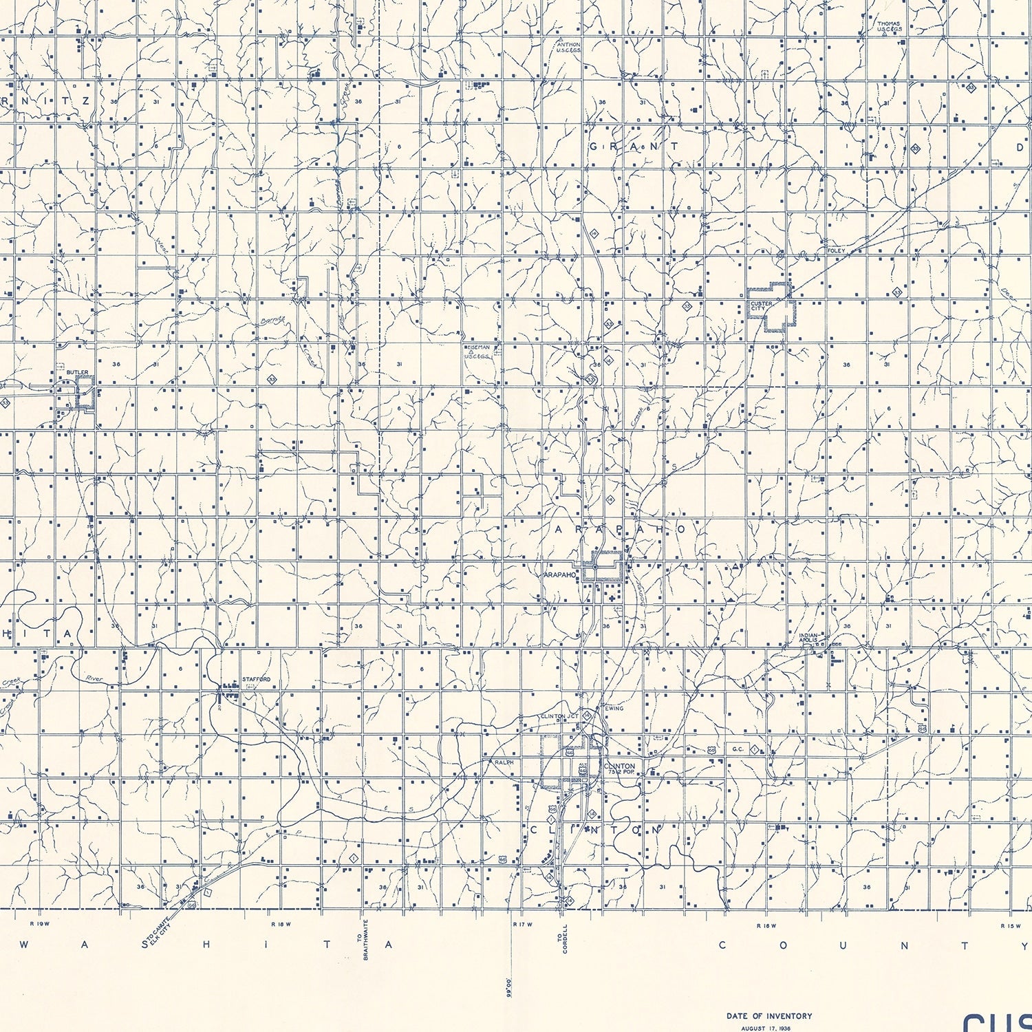 Vintage Map of Custer County, Oklahoma 1936