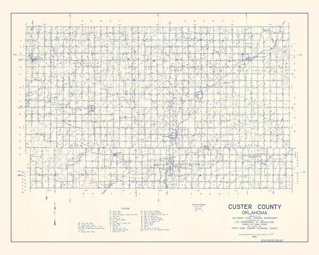 Vintage Map of Custer County, Oklahoma 1936