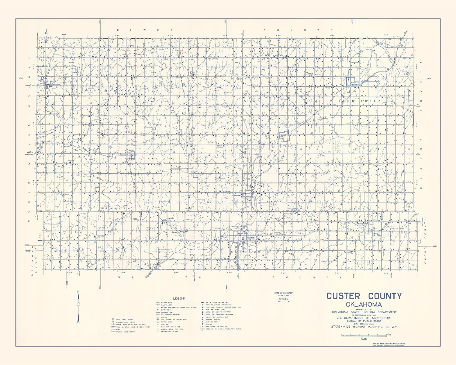 Vintage Map of Custer County, Oklahoma 1936