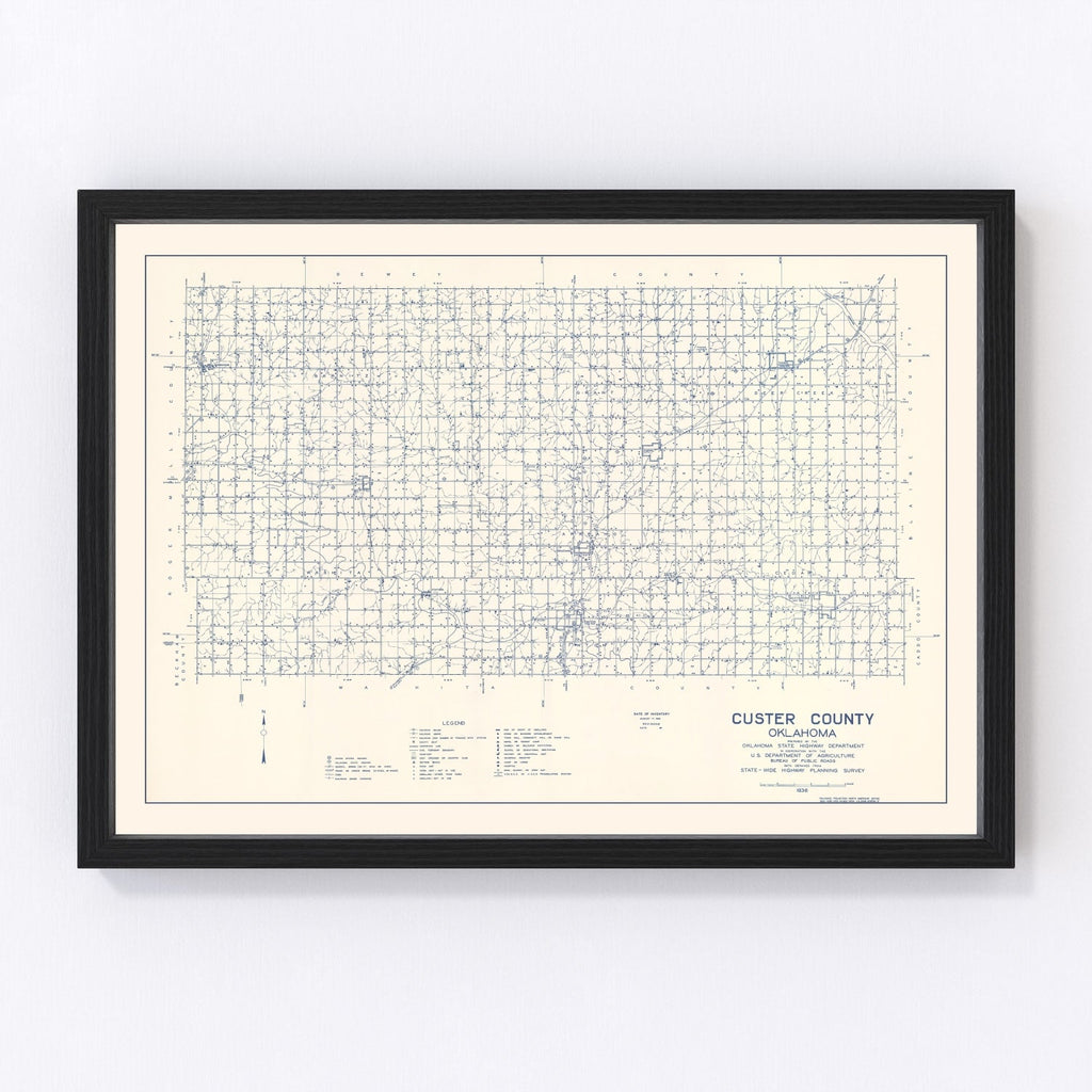 Vintage Map of Custer County, Oklahoma 1936