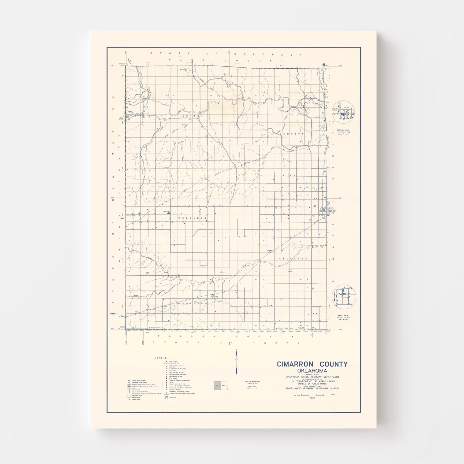 Vintage Map of Cimarron County, Oklahoma 1936