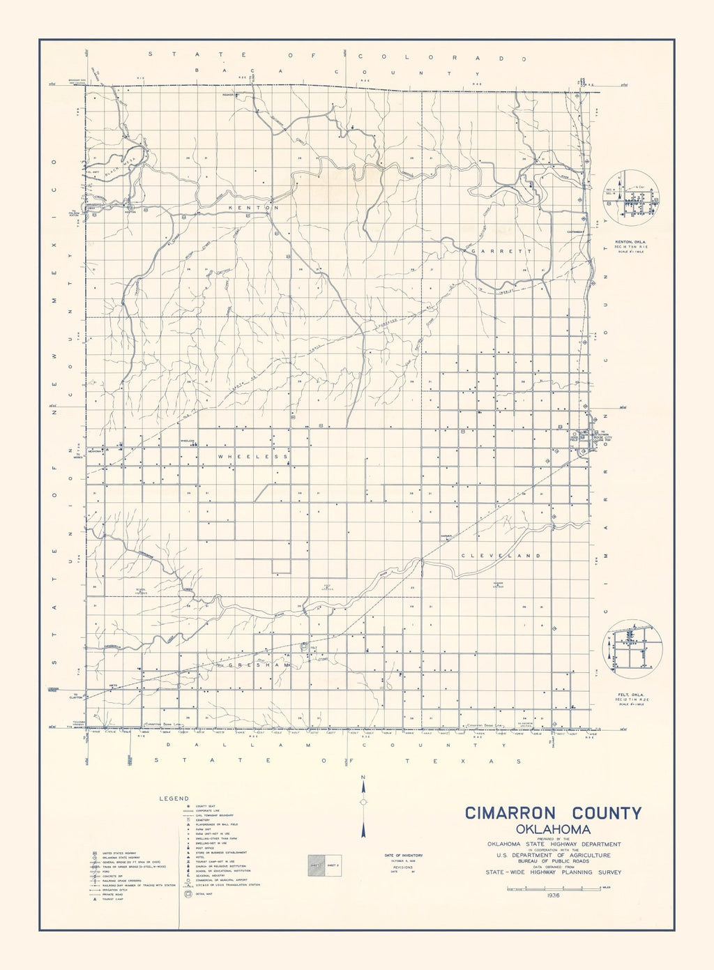 Vintage Map of Cimarron County, Oklahoma 1936