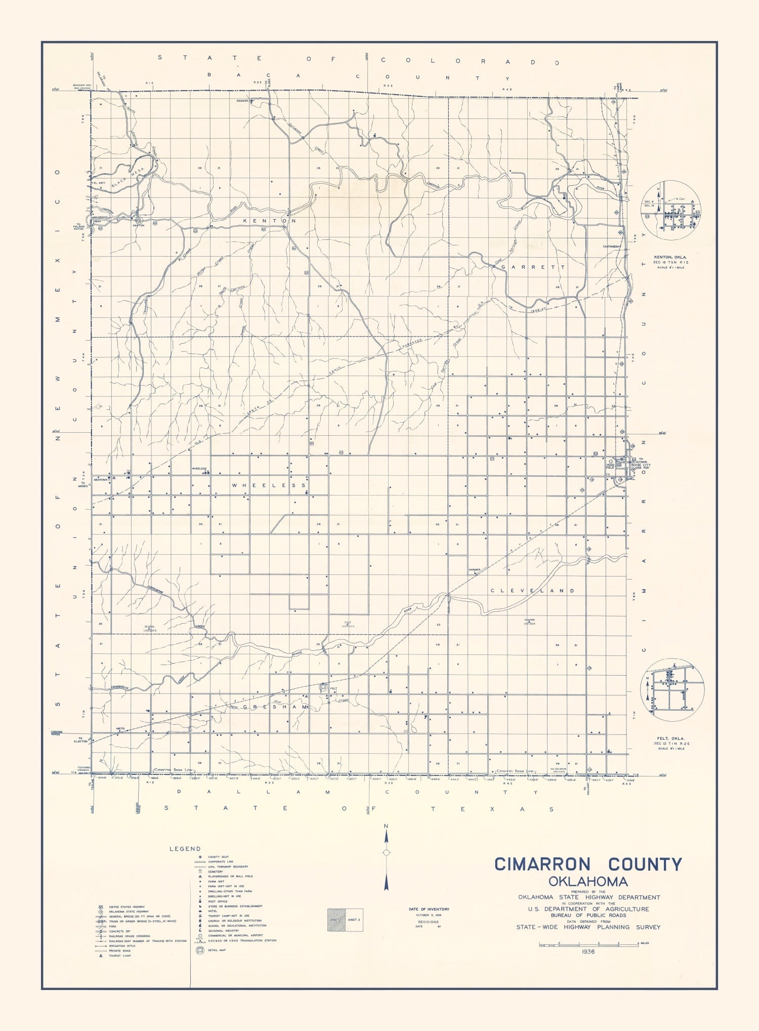 Vintage Map of Cimarron County, Oklahoma 1936