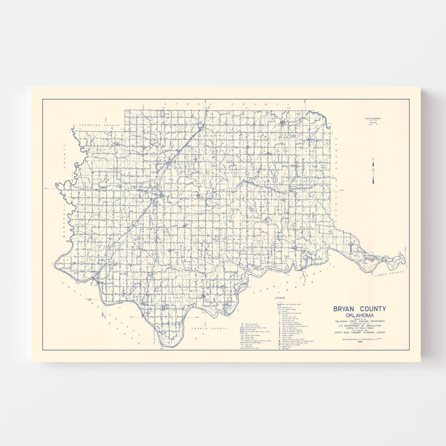 Vintage Map of Bryan County, Oklahoma 1936