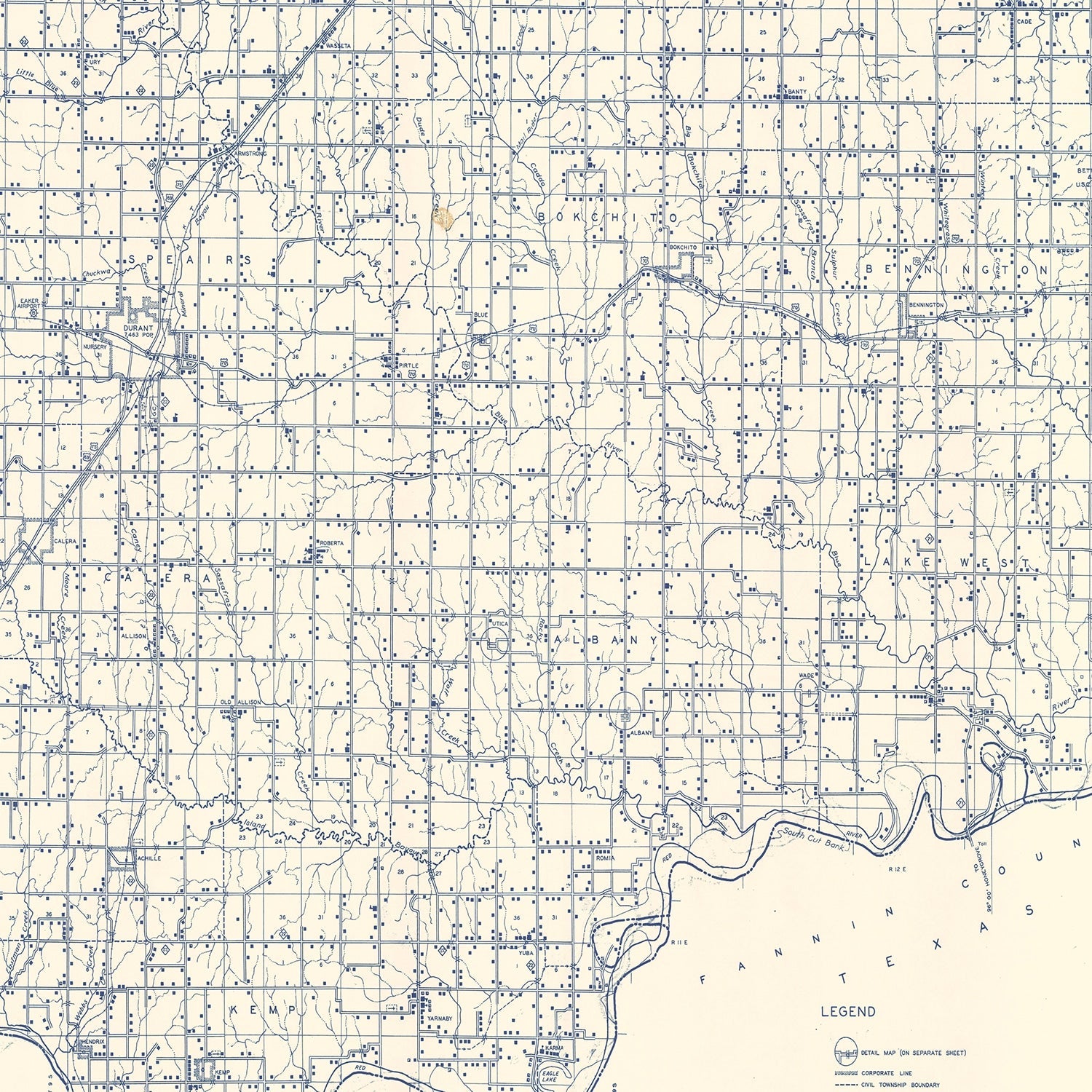 Vintage Map of Bryan County, Oklahoma 1936