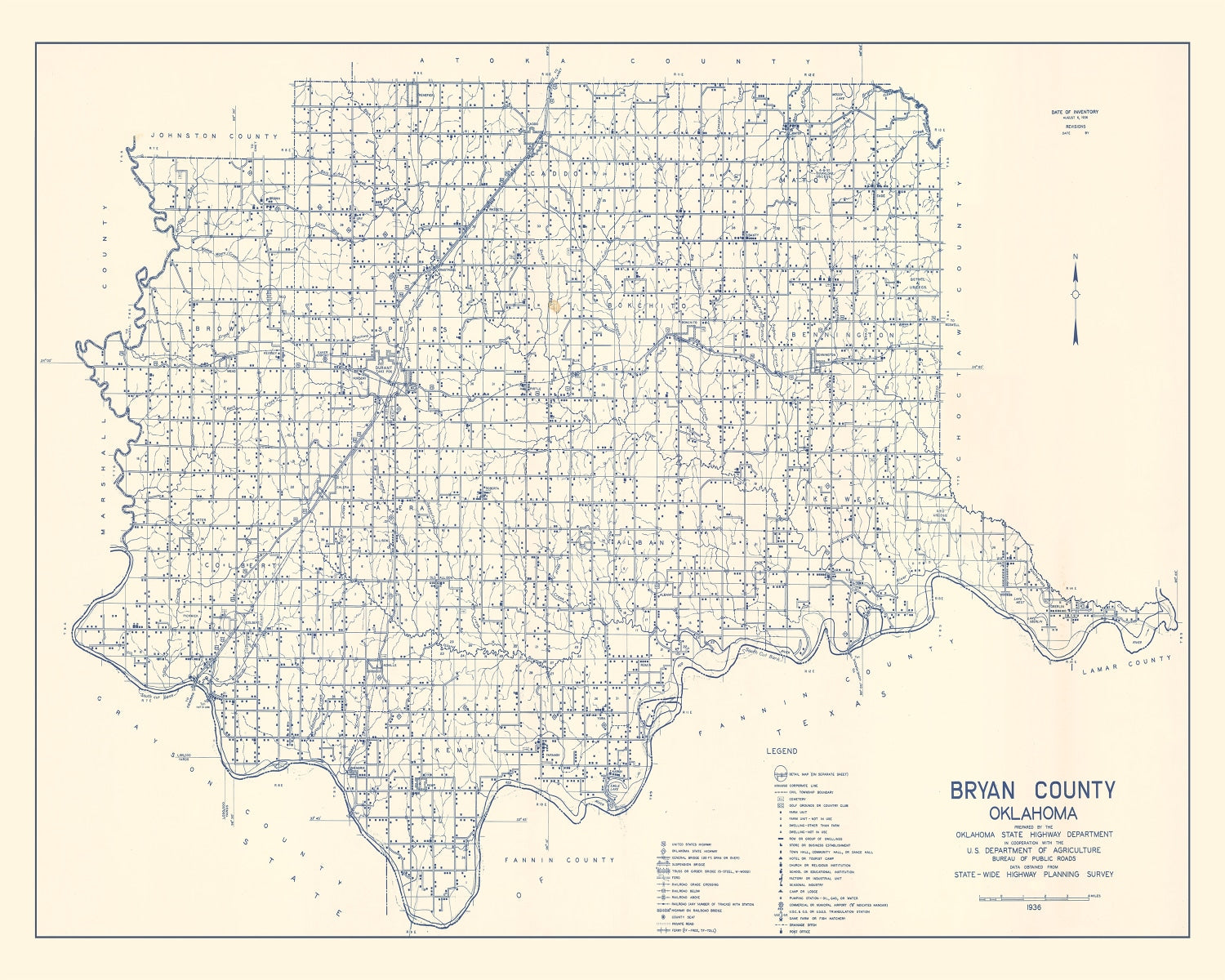 Vintage Map of Bryan County, Oklahoma 1936