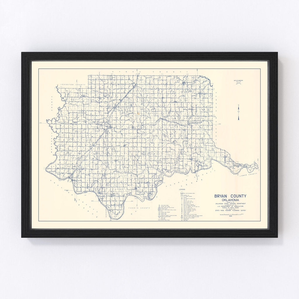 Vintage Map of Bryan County, Oklahoma 1936