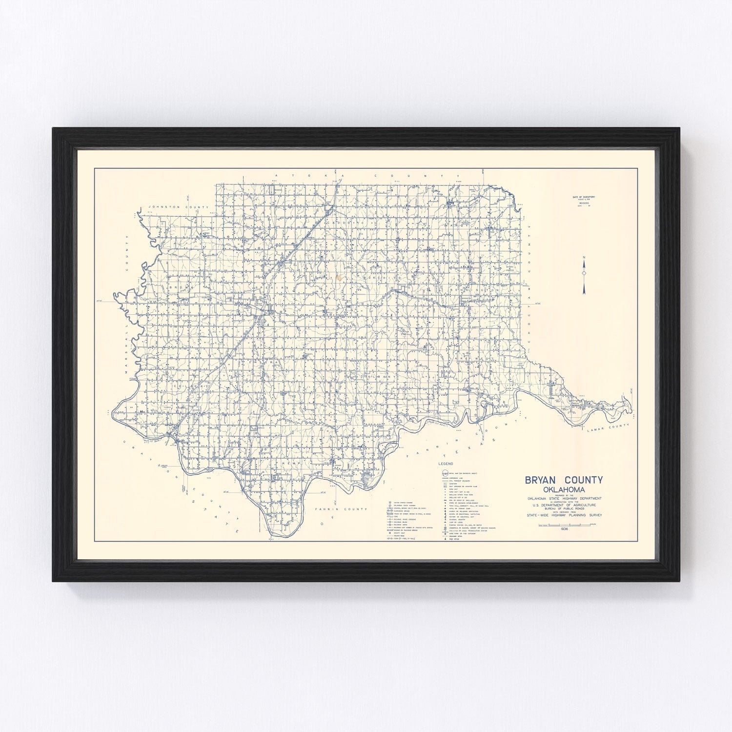 Vintage Map of Bryan County, Oklahoma 1936