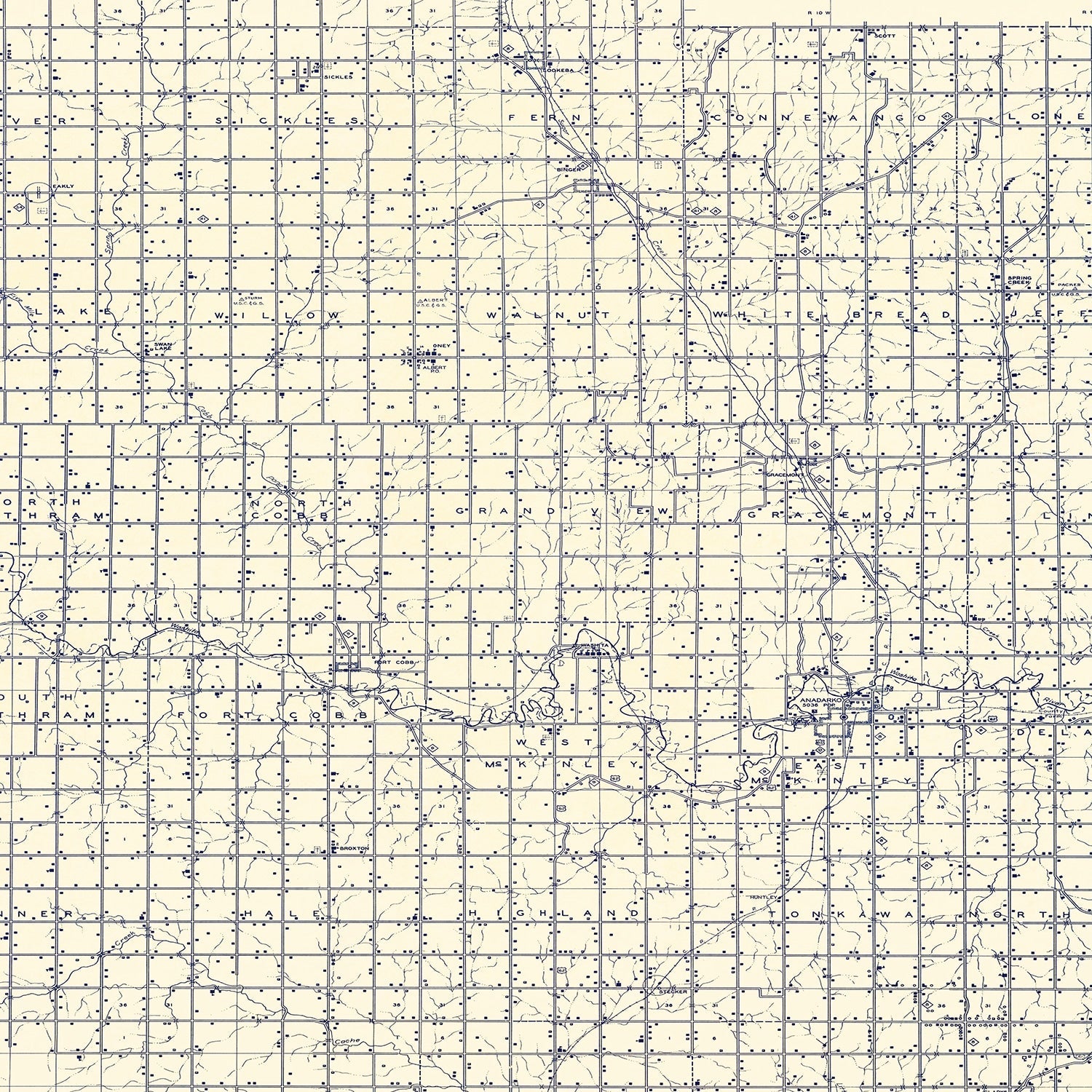Vintage Map of Caddo County, Oklahoma 1936
