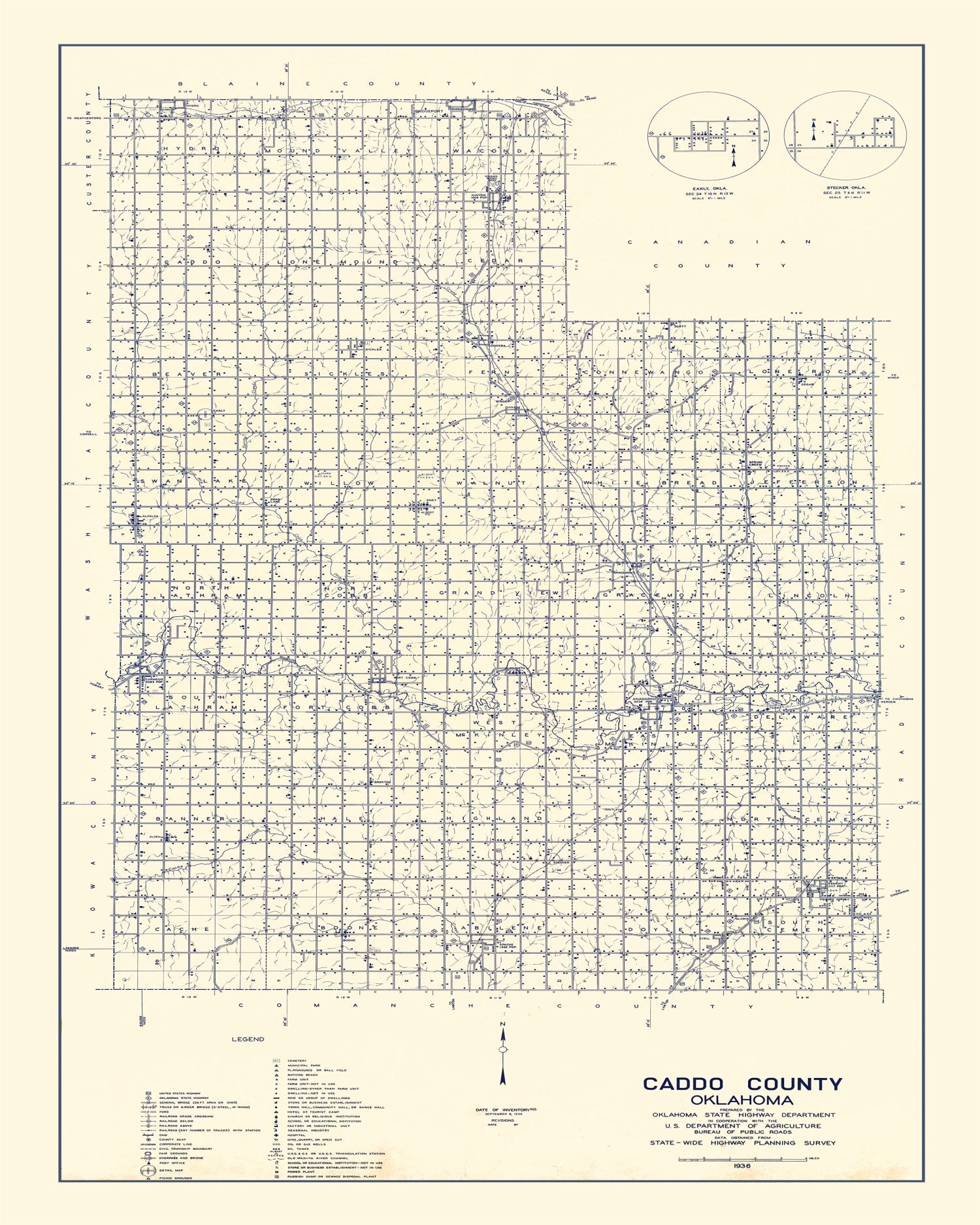 Vintage Map of Caddo County, Oklahoma 1936