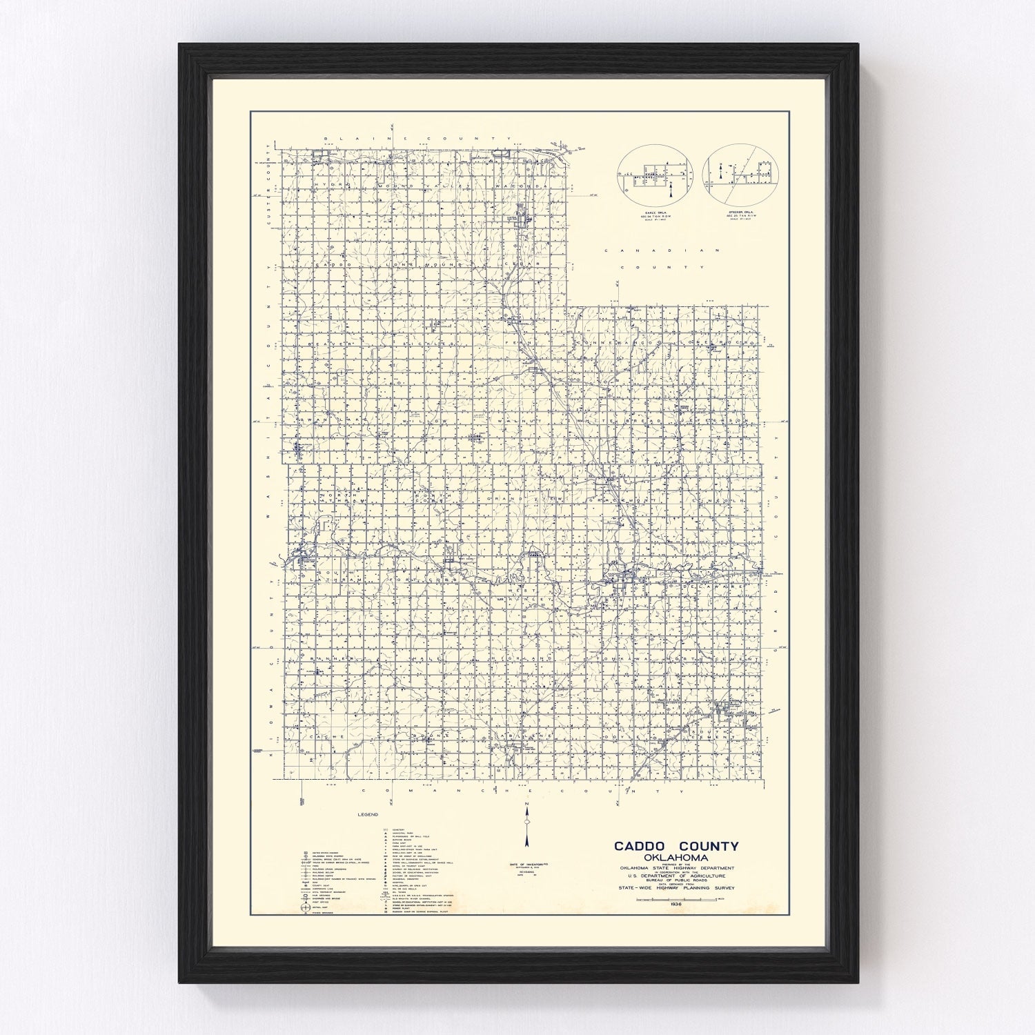 Vintage Map of Caddo County, Oklahoma 1936