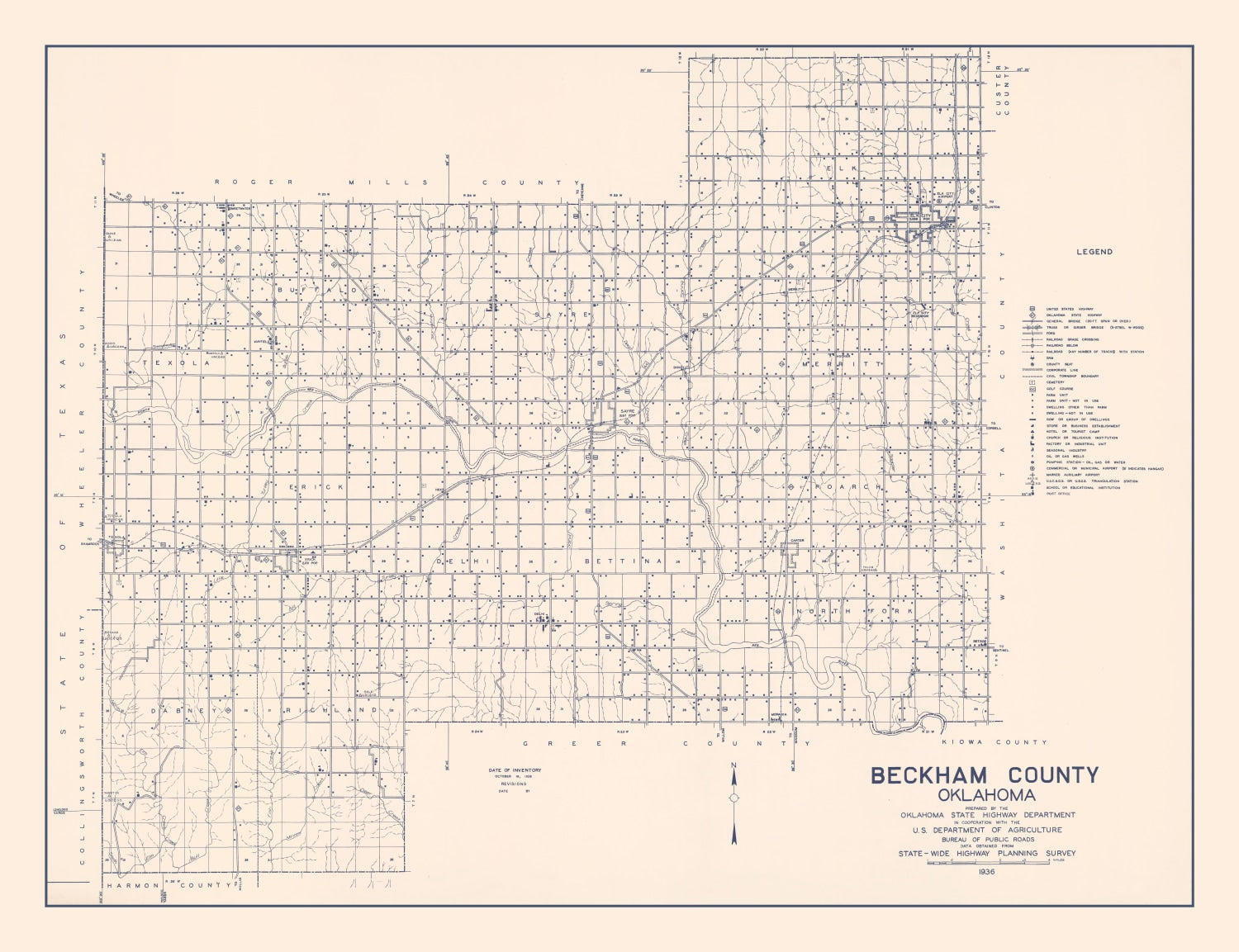 Vintage Map of Beckham County, Oklahoma 1936