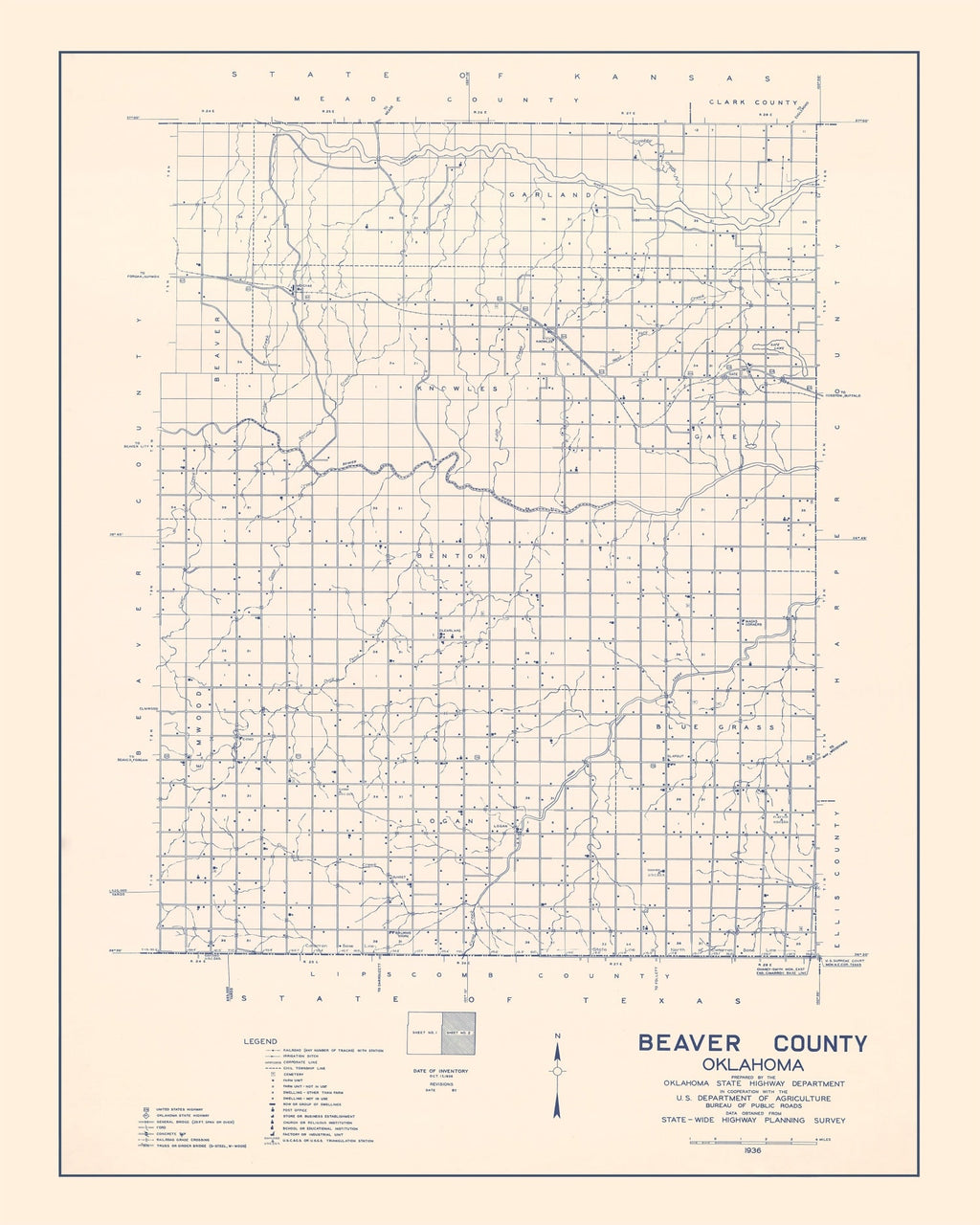 Vintage Map of Beaver County, Oklahoma 1936