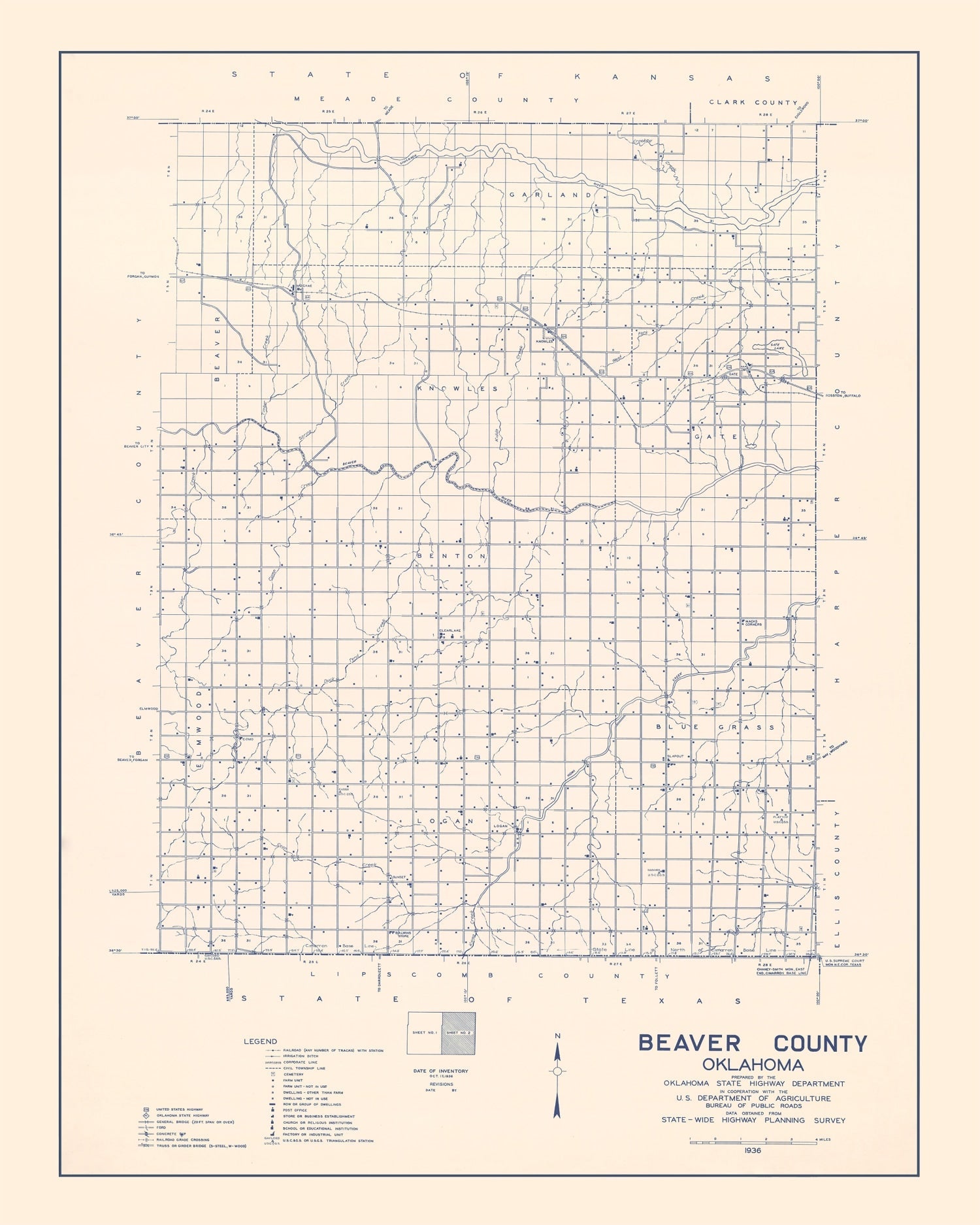 Vintage Map of Beaver County, Oklahoma 1936
