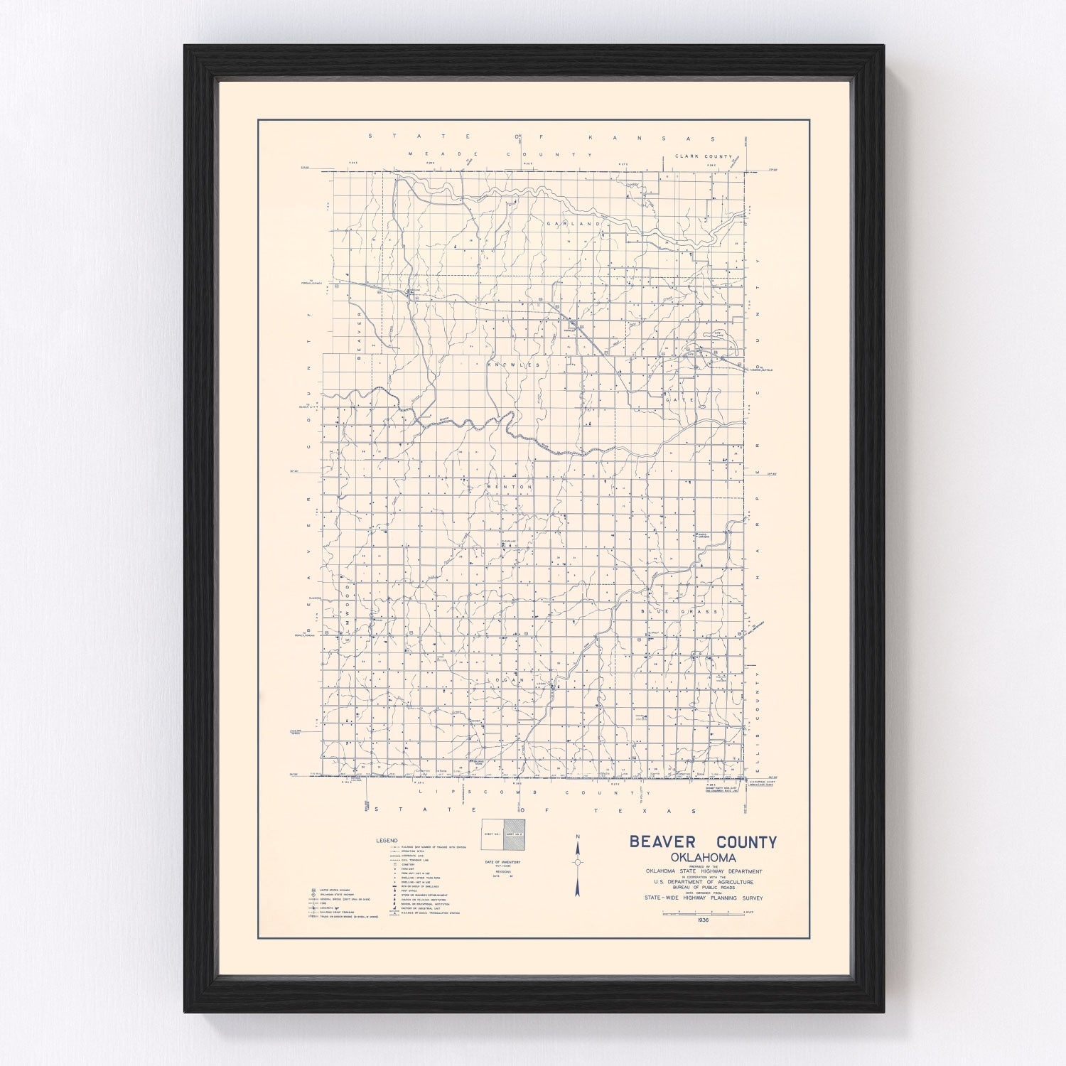 Vintage Map of Beaver County, Oklahoma 1936