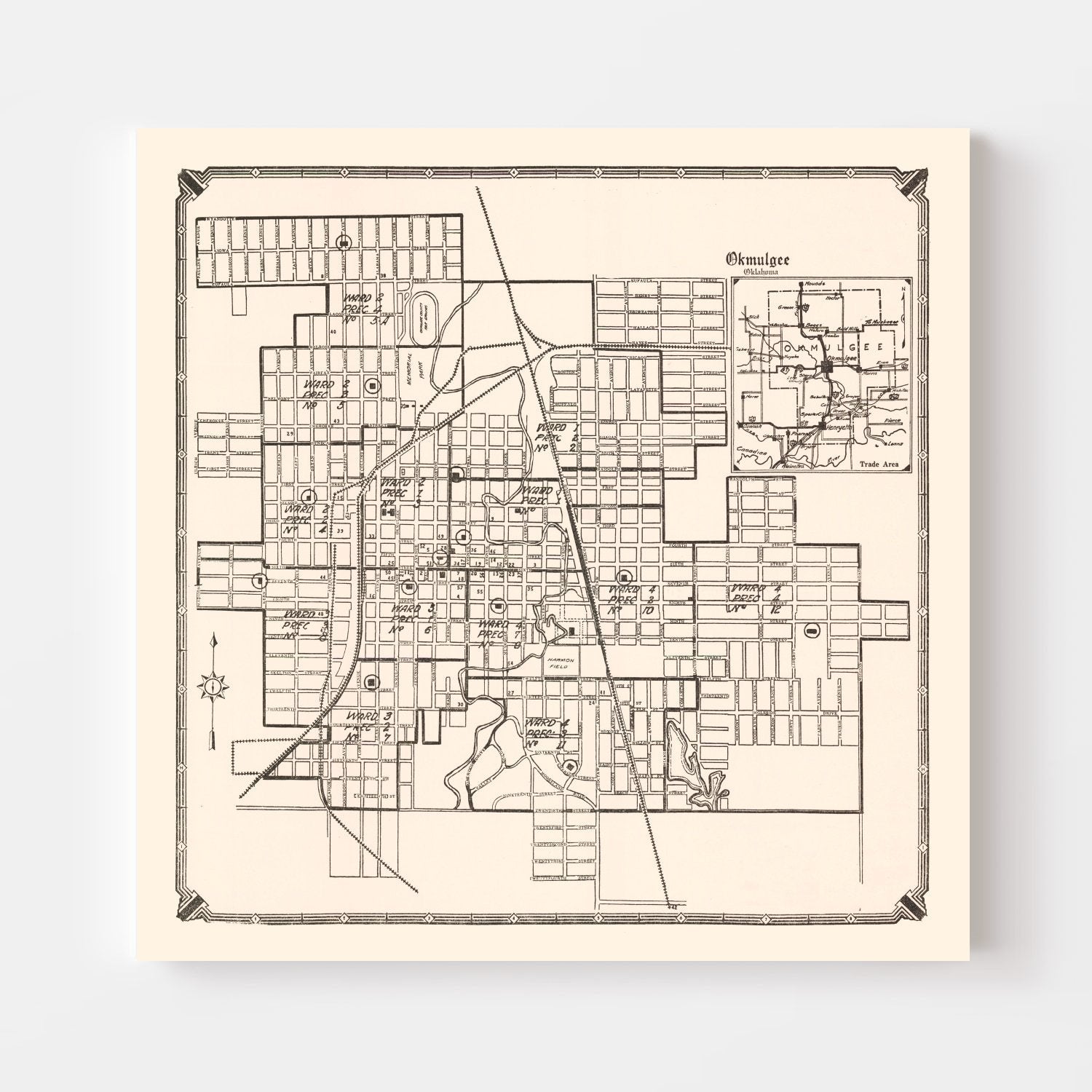 Vintage Map of Okmulgee, Oklahoma 1936
