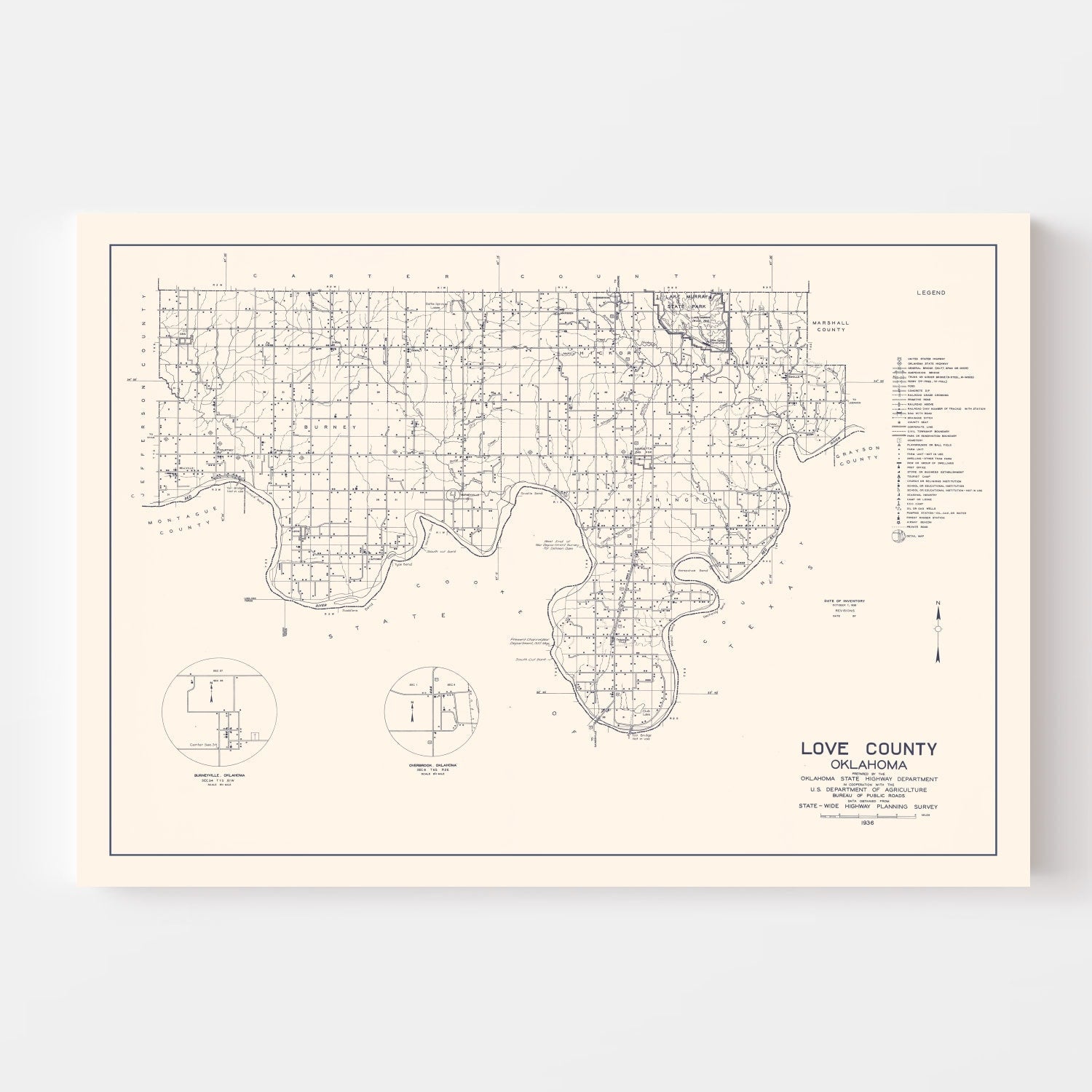 Vintage Map of Love County, Oklahoma 1936