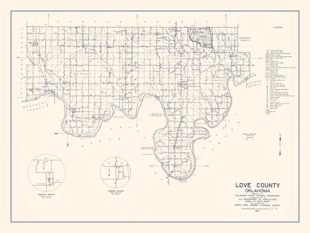 Vintage Map of Love County, Oklahoma 1936