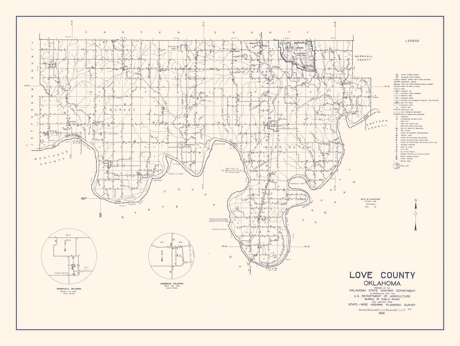 Vintage Map of Love County, Oklahoma 1936