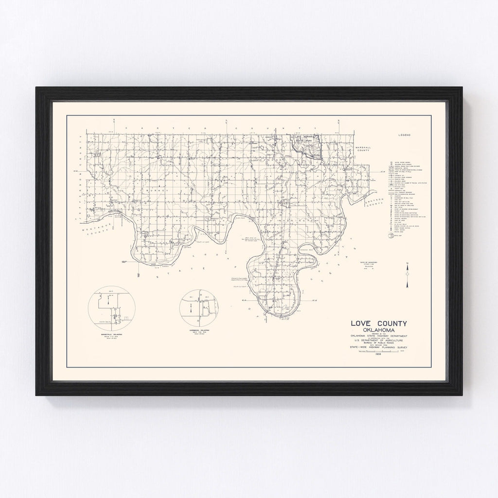 Vintage Map of Love County, Oklahoma 1936