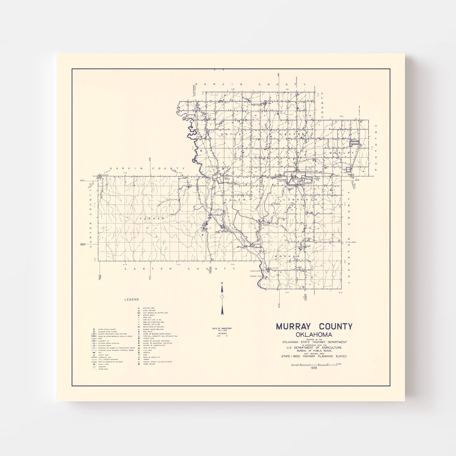 Vintage Map of Murray County, Oklahoma 1936