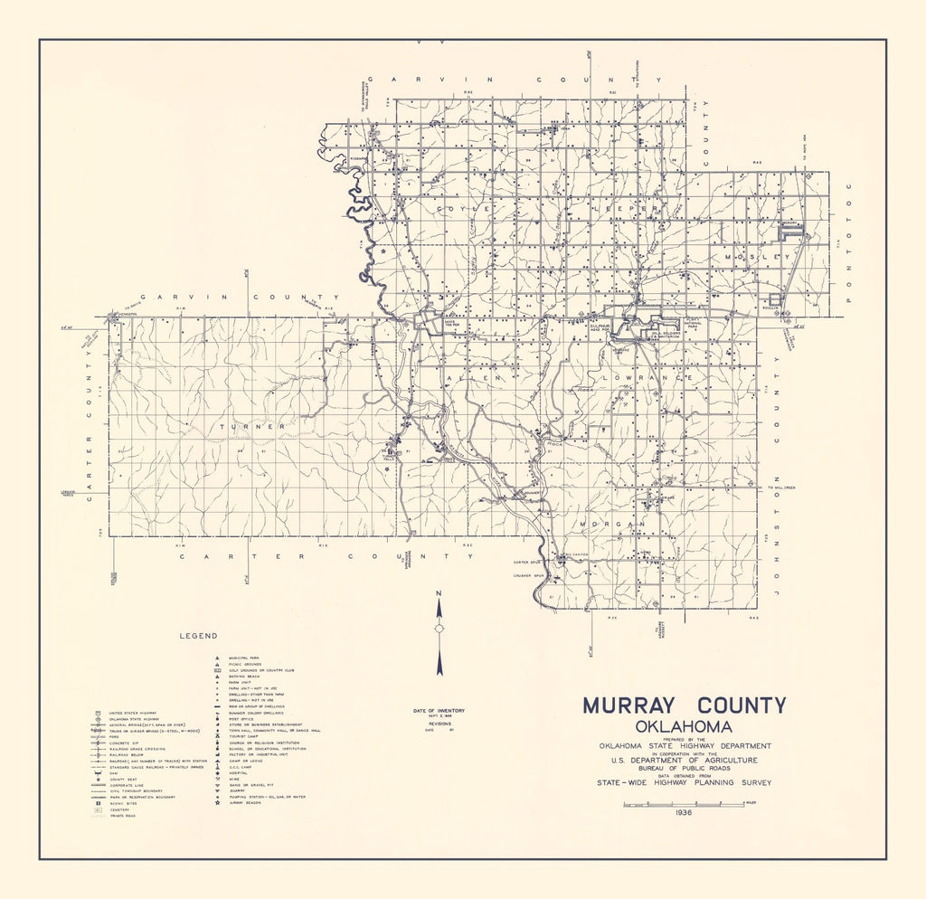 Vintage Map of Murray County, Oklahoma 1936