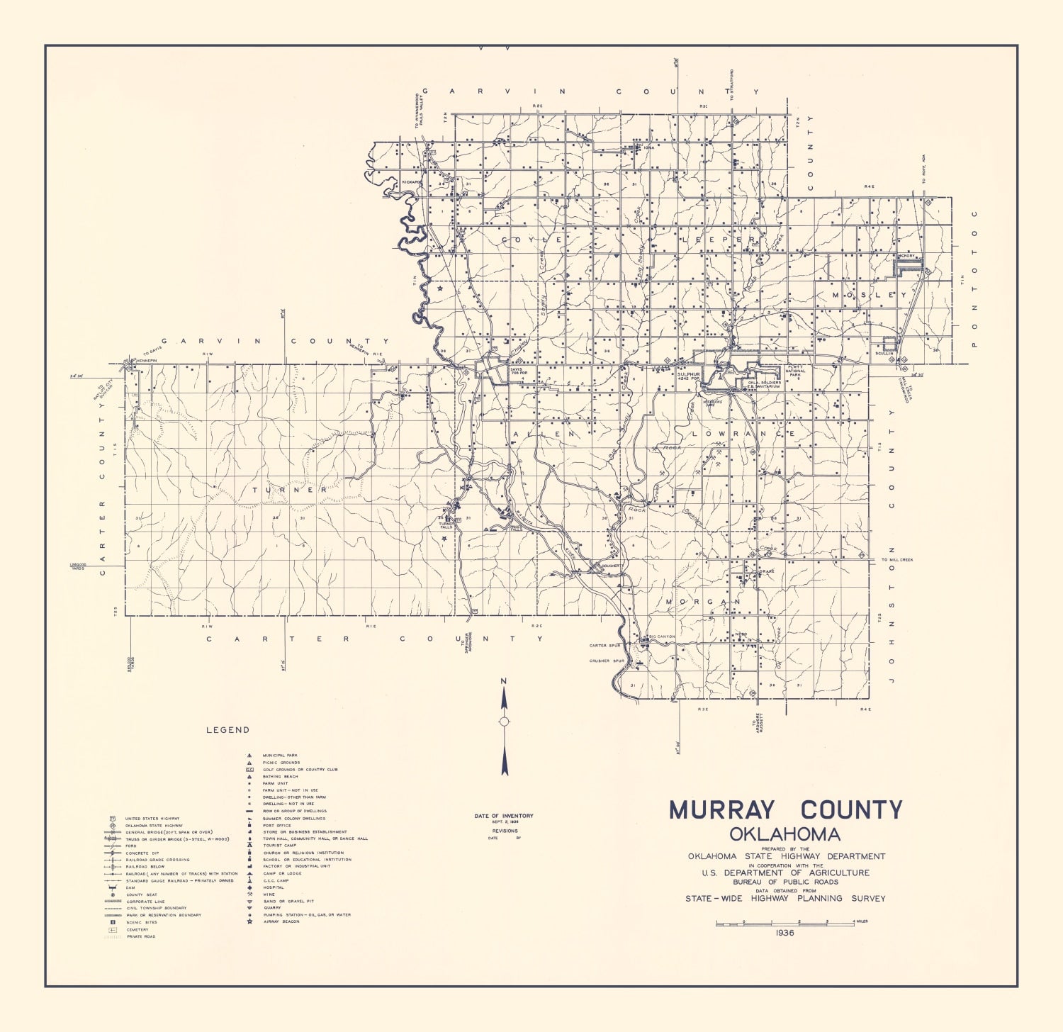 Vintage Map of Murray County, Oklahoma 1936