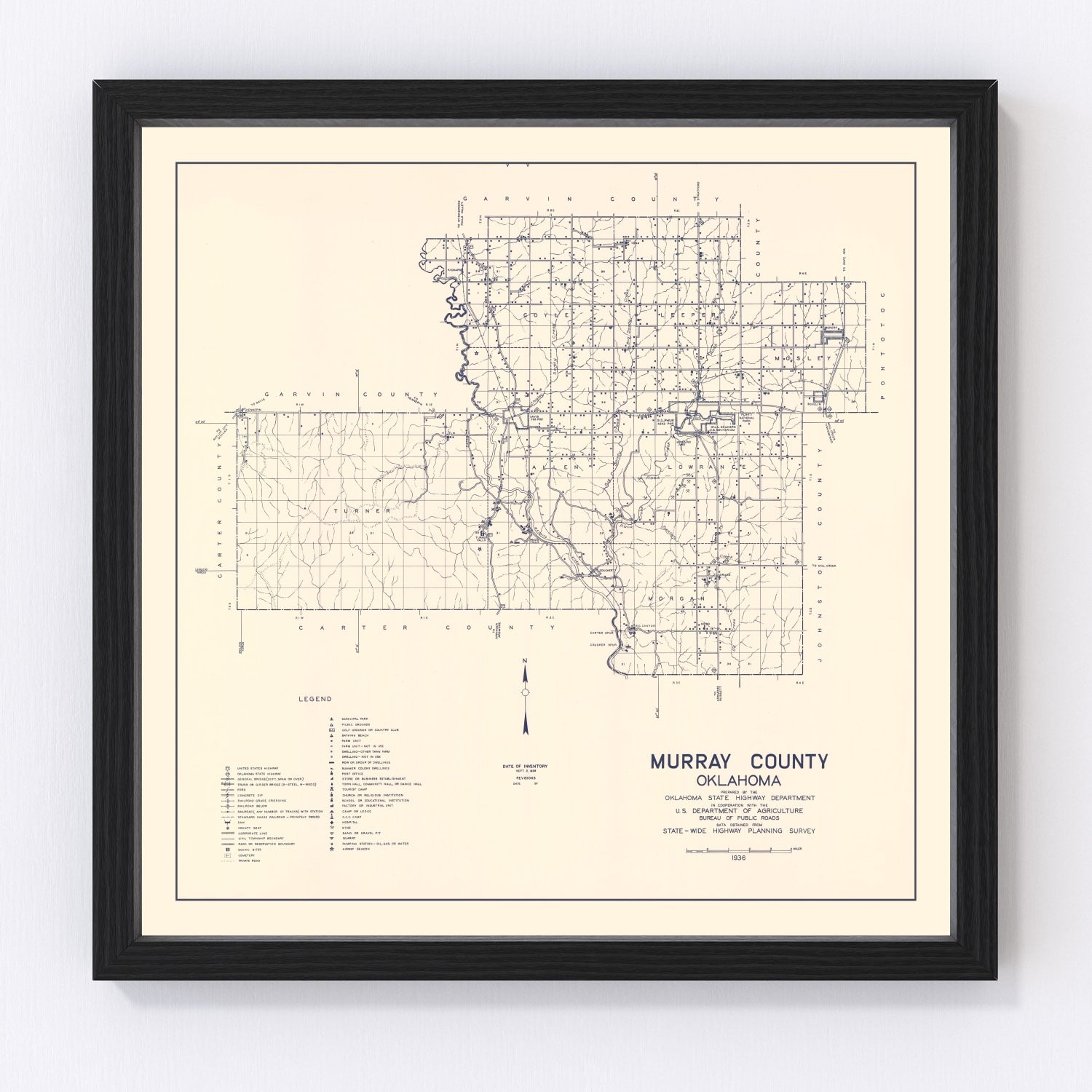 Vintage Map of Murray County, Oklahoma 1936