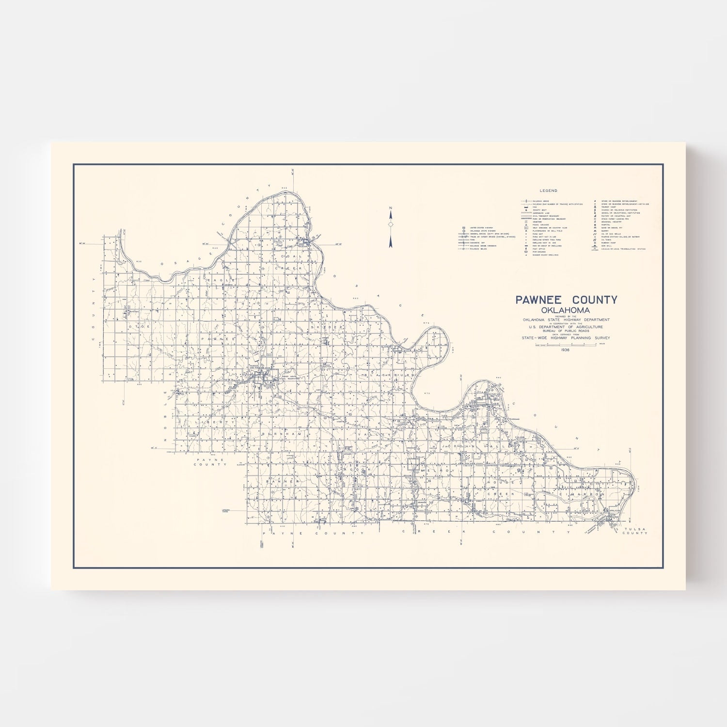 Vintage Map of Pawnee County, Oklahoma 1936