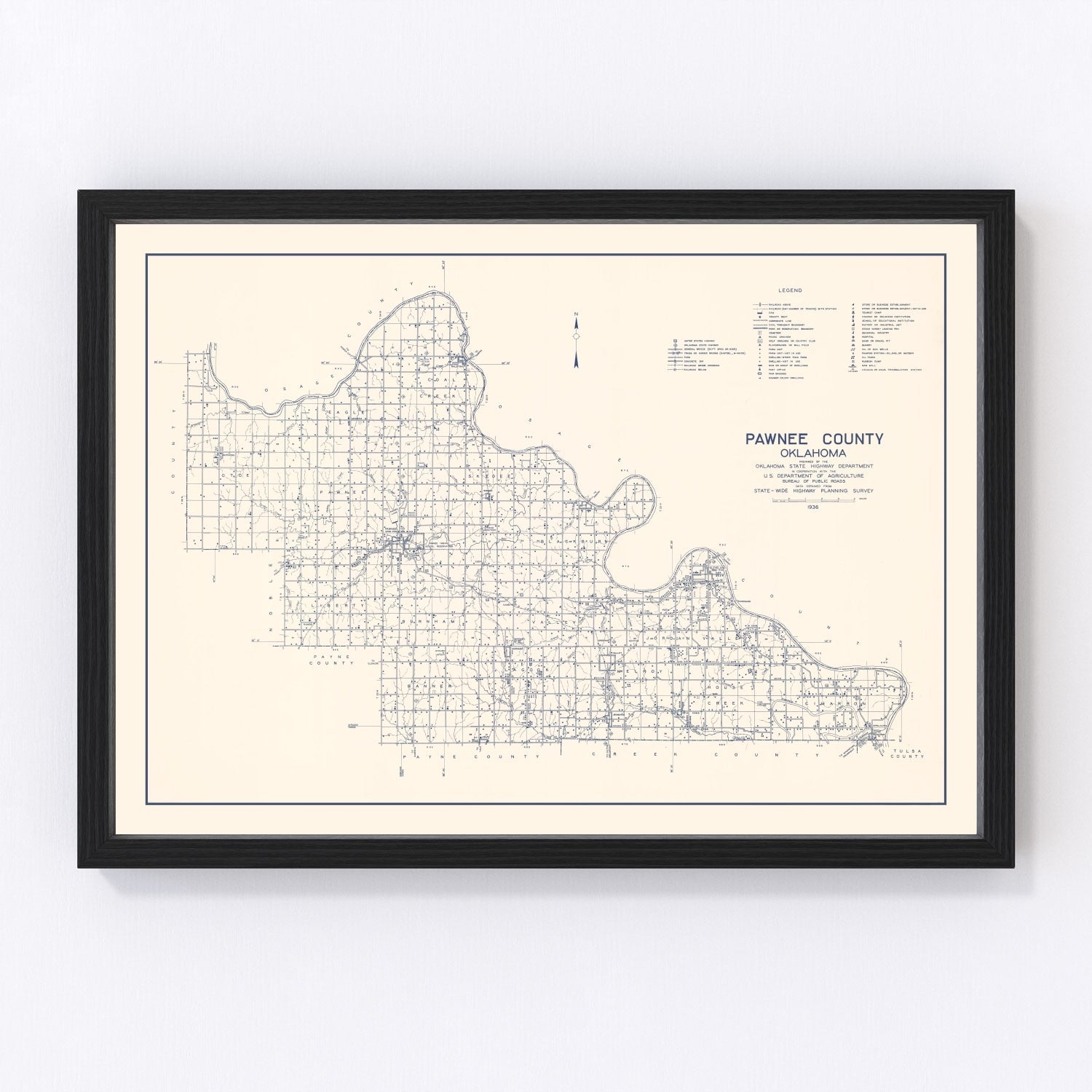Vintage Map of Pawnee County, Oklahoma 1936