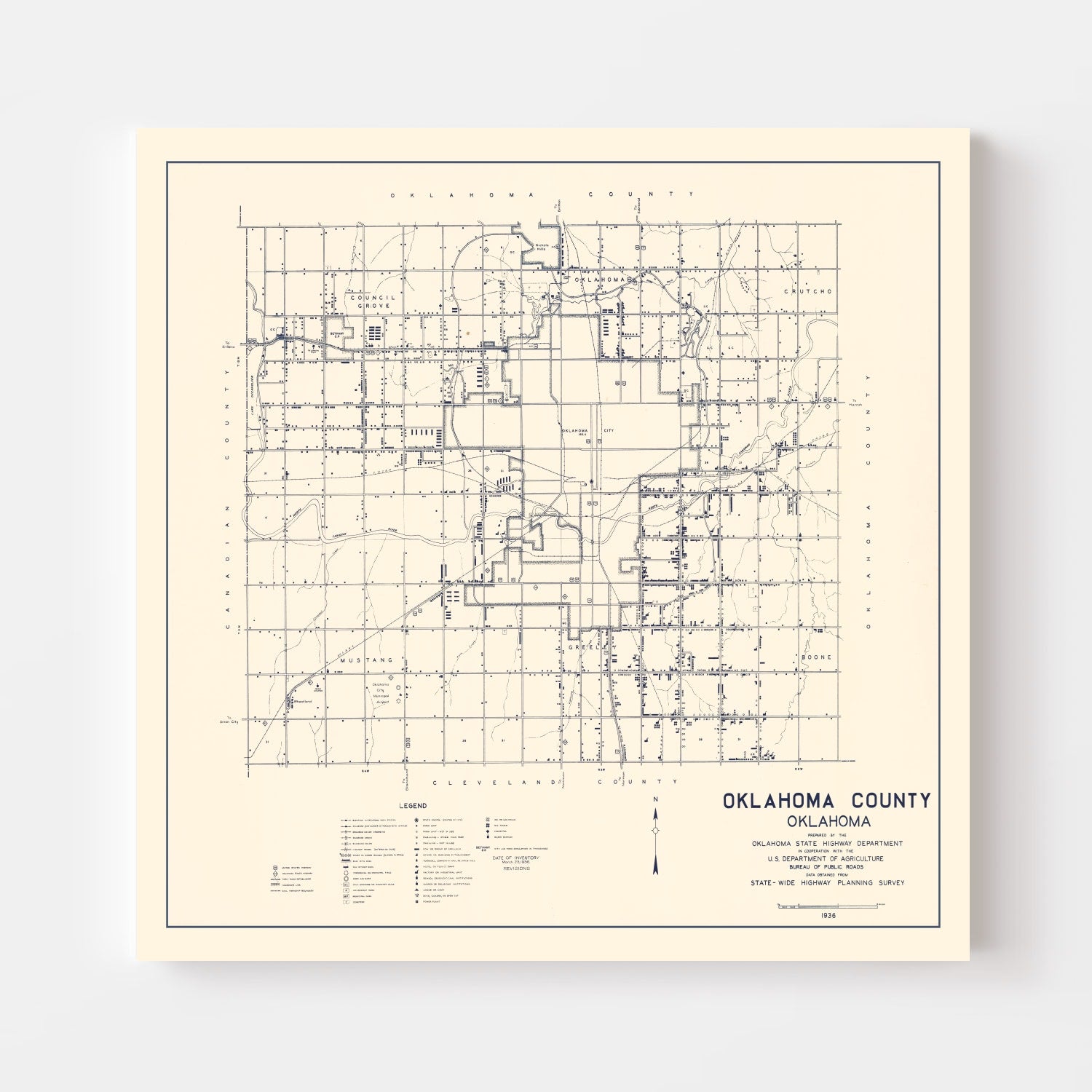 Vintage Map of Oklahoma County, Oklahoma 1936