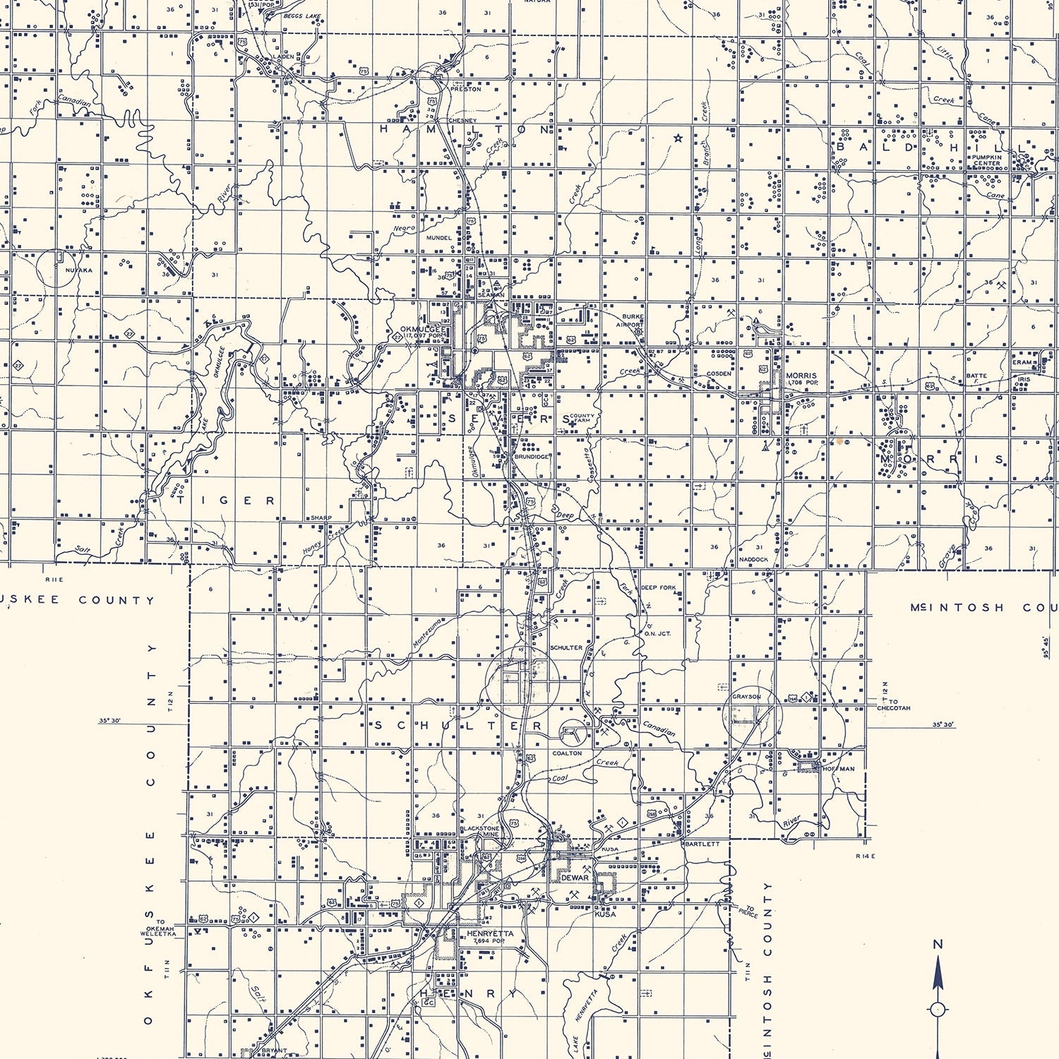 Vintage Map of Okmulgee County, Oklahoma 1936