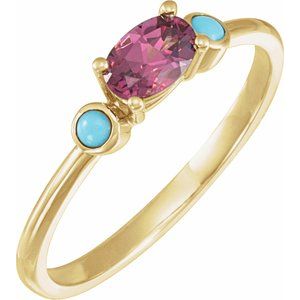 14K Yellow Gold 6x4 mm Natural Rhodolite Garnet & Natural Turquoise Ring