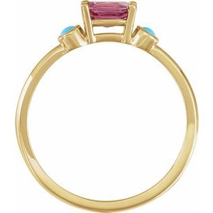 14K Yellow Gold 6x4 mm Natural Rhodolite Garnet & Natural Turquoise Ring