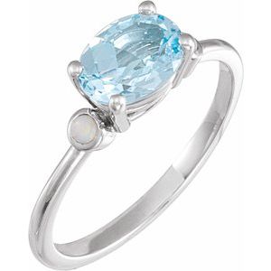 Sterling Silver 8x6 mm Natural Sky Blue Topaz & Natural White Opal Ring