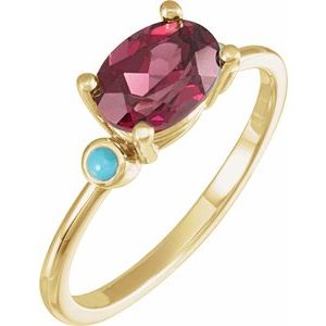 14K Yellow Gold 8x6 mm Natural Rhodolite Garnet & Natural Turquoise Ring